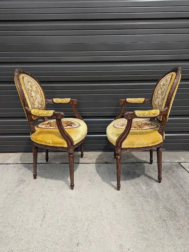 Antique French Country Louis XVI Floral Tapestry Fauteuils - a Pair
