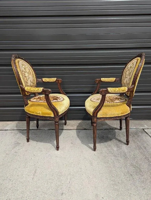Antique French Country Louis XVI Floral Tapestry Fauteuils - a Pair