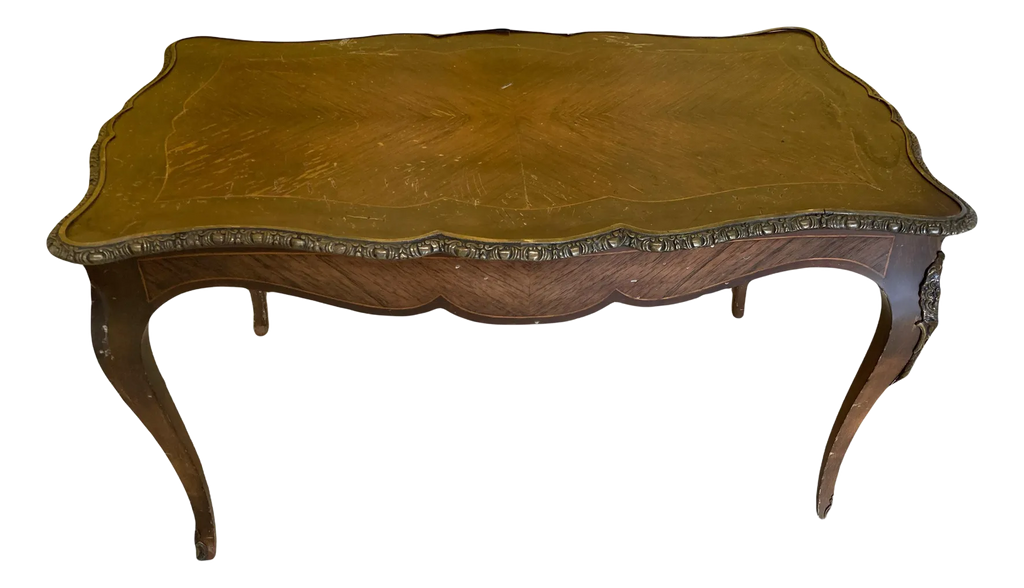 Antique French Louis XV Style Inlaid Marquetry Coffee Table With Brass Accents