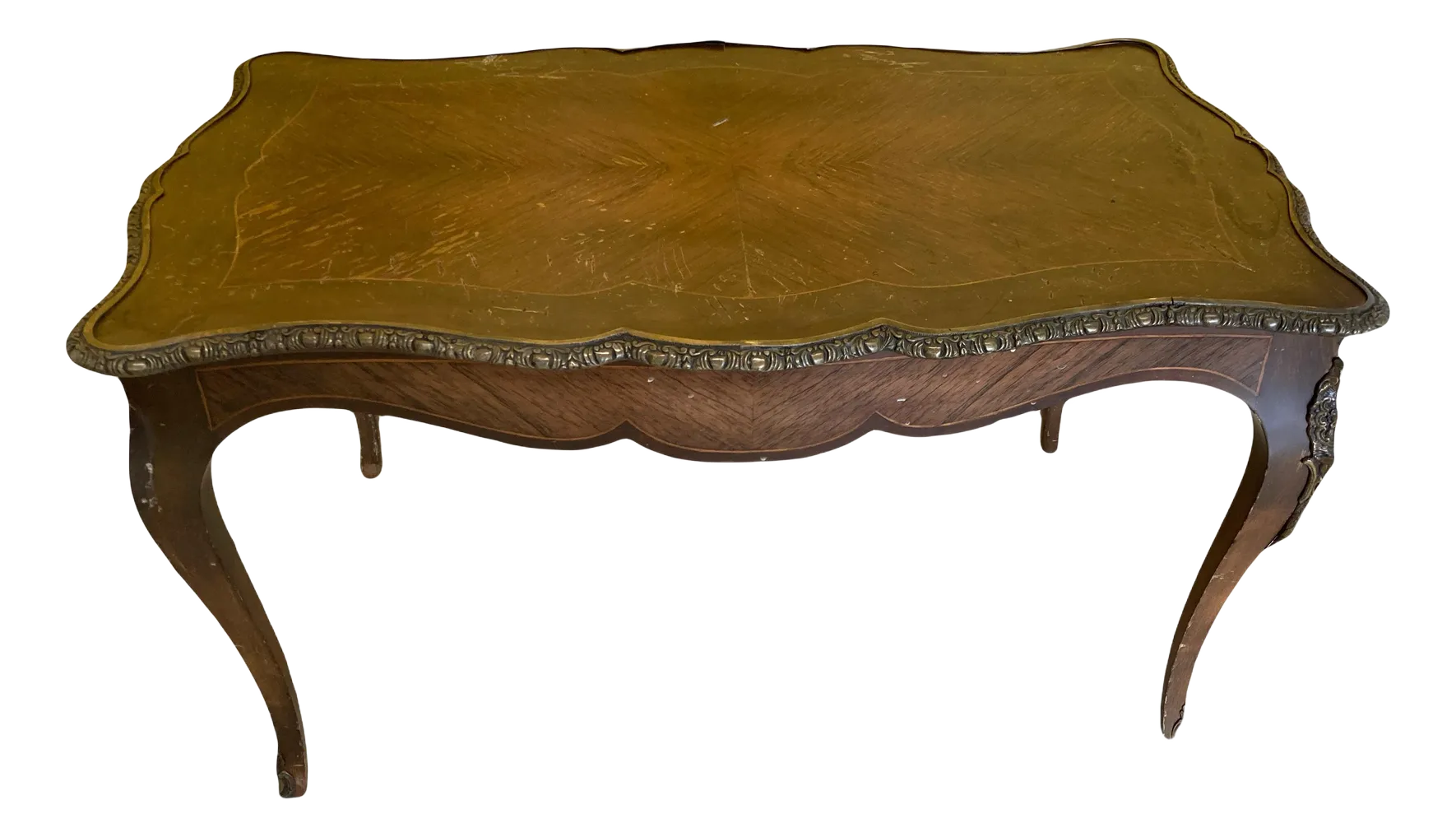 Antique French Louis XV Style Inlaid Marquetry Coffee Table With Brass Accents