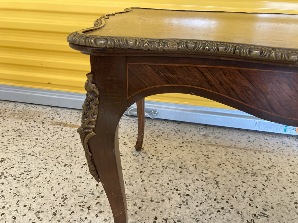Antique French Louis XV Style Inlaid Marquetry Coffee Table With Brass Accents