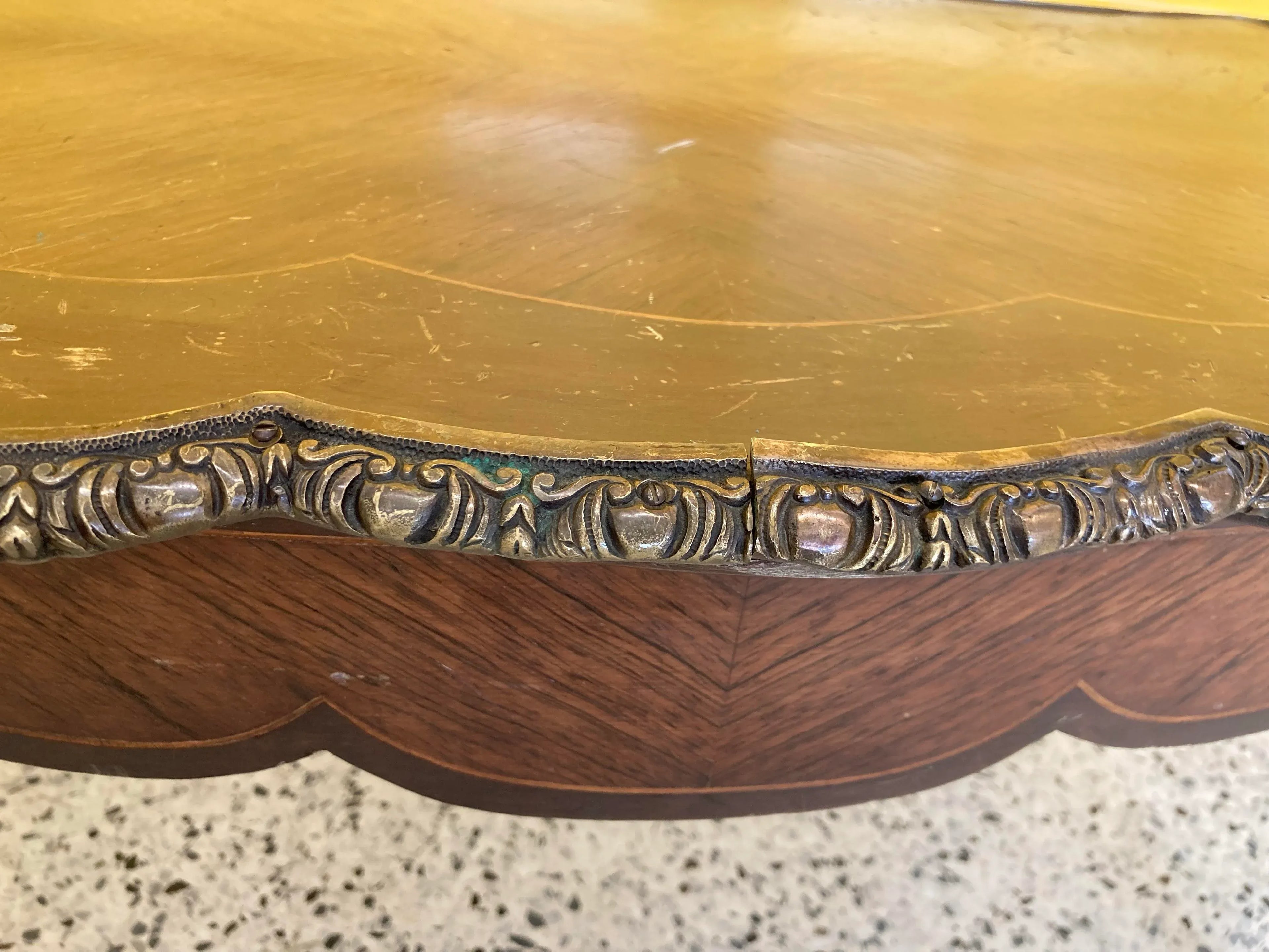Antique French Louis XV Style Inlaid Marquetry Coffee Table With Brass Accents