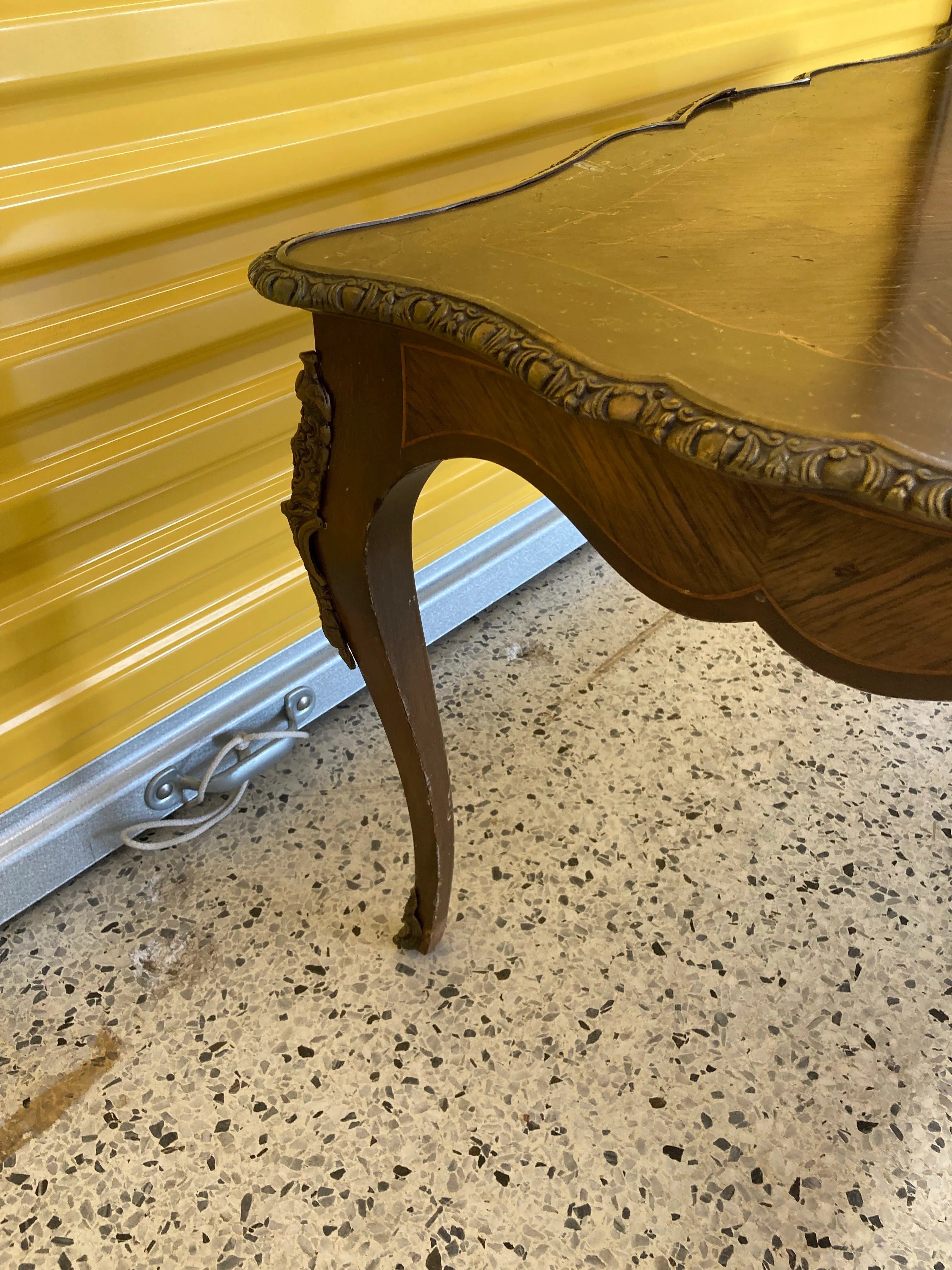 Antique French Louis XV Style Inlaid Marquetry Coffee Table With Brass Accents