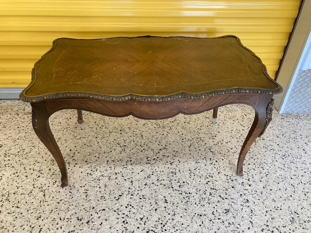 Antique French Louis XV Style Inlaid Marquetry Coffee Table With Brass Accents