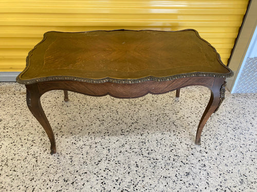 Antique French Louis XV Style Inlaid Marquetry Coffee Table With Brass Accents