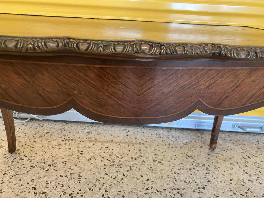 Antique French Louis XV Style Inlaid Marquetry Coffee Table With Brass Accents