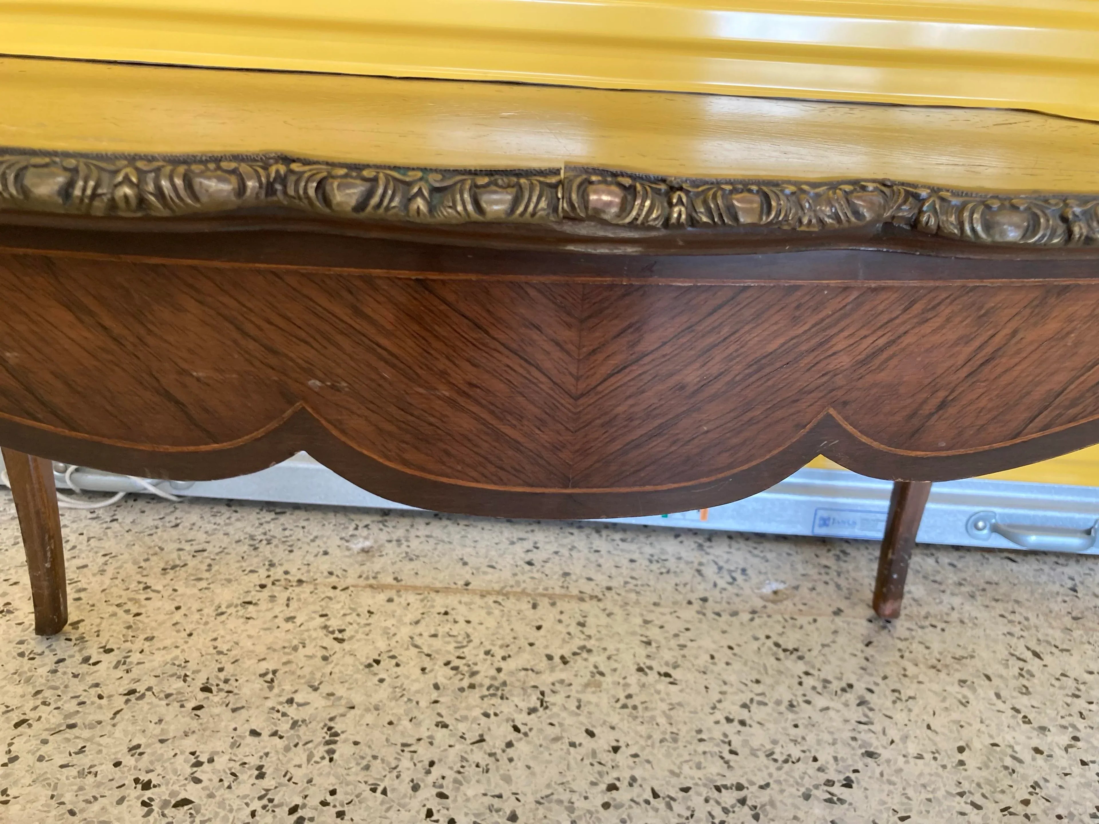 Antique French Louis XV Style Inlaid Marquetry Coffee Table With Brass Accents