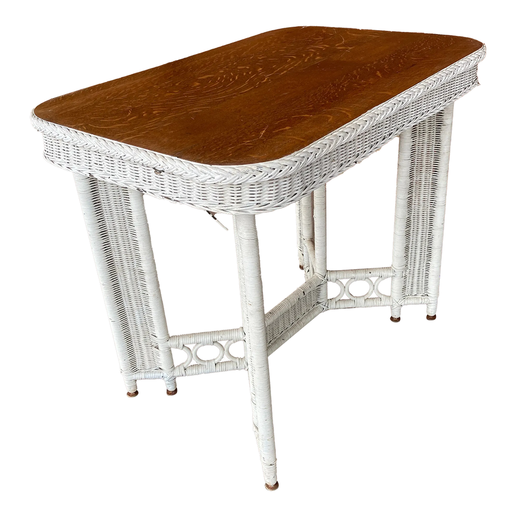 Antique Heywood Wakefield Wicker Library Table With Quartersawn Oak Top