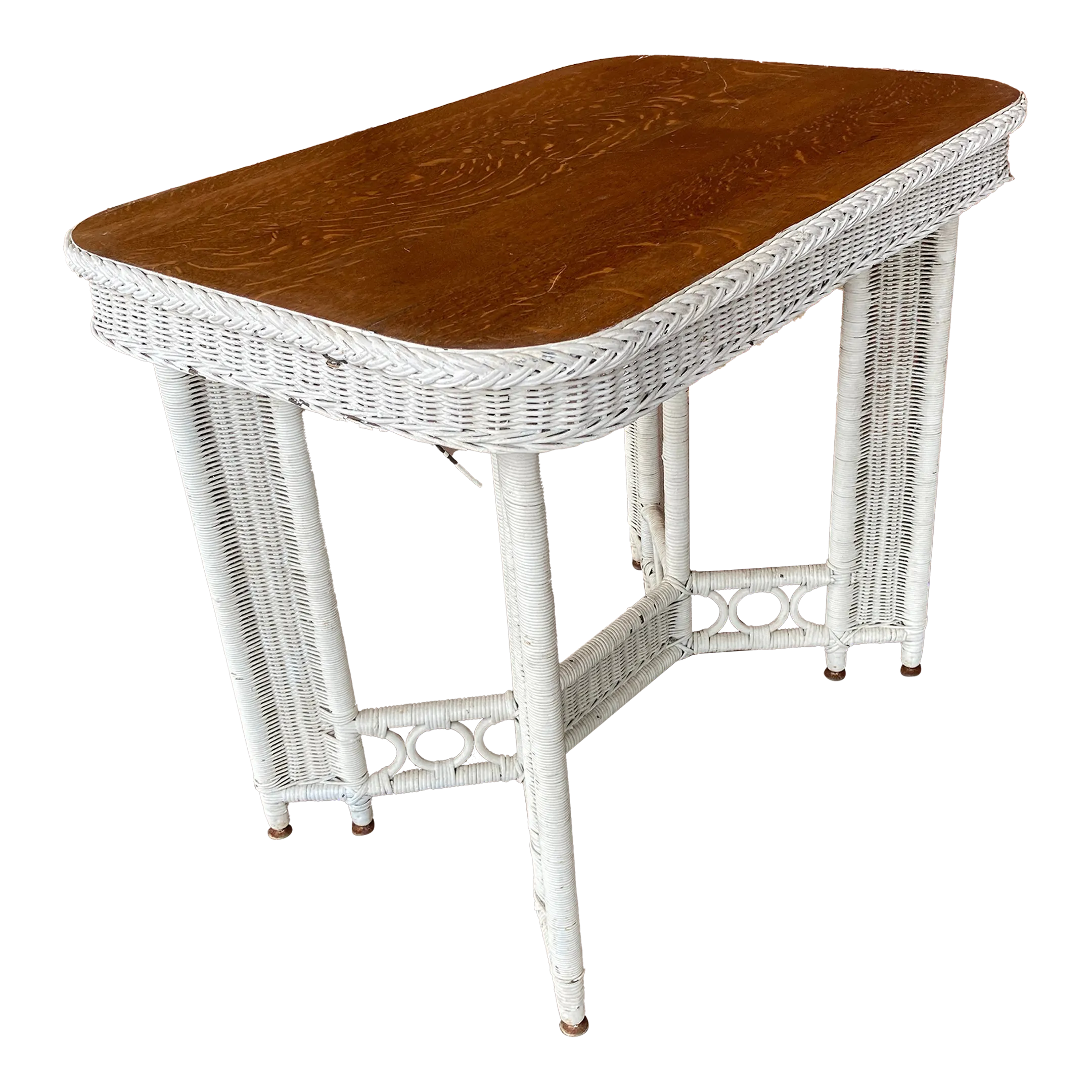 Antique Heywood Wakefield Wicker Library Table With Quartersawn Oak Top