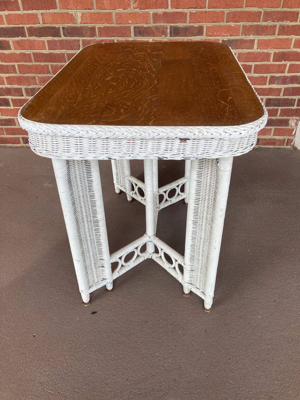 Antique Heywood Wakefield Wicker Library Table With Quartersawn Oak Top