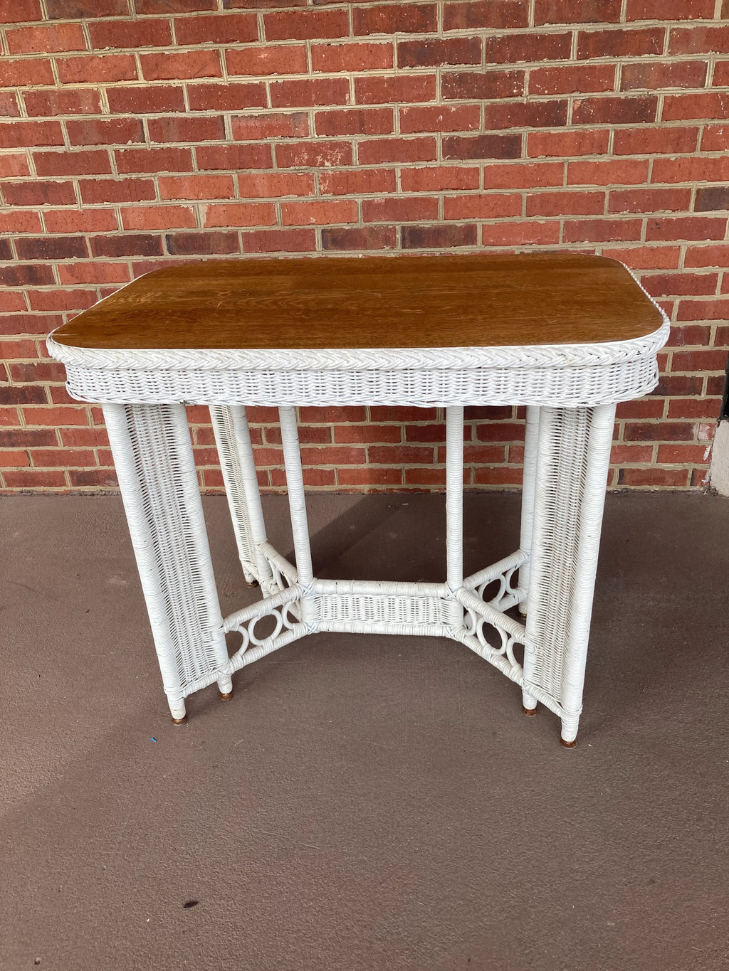 Antique Heywood Wakefield Wicker Library Table With Quartersawn Oak Top