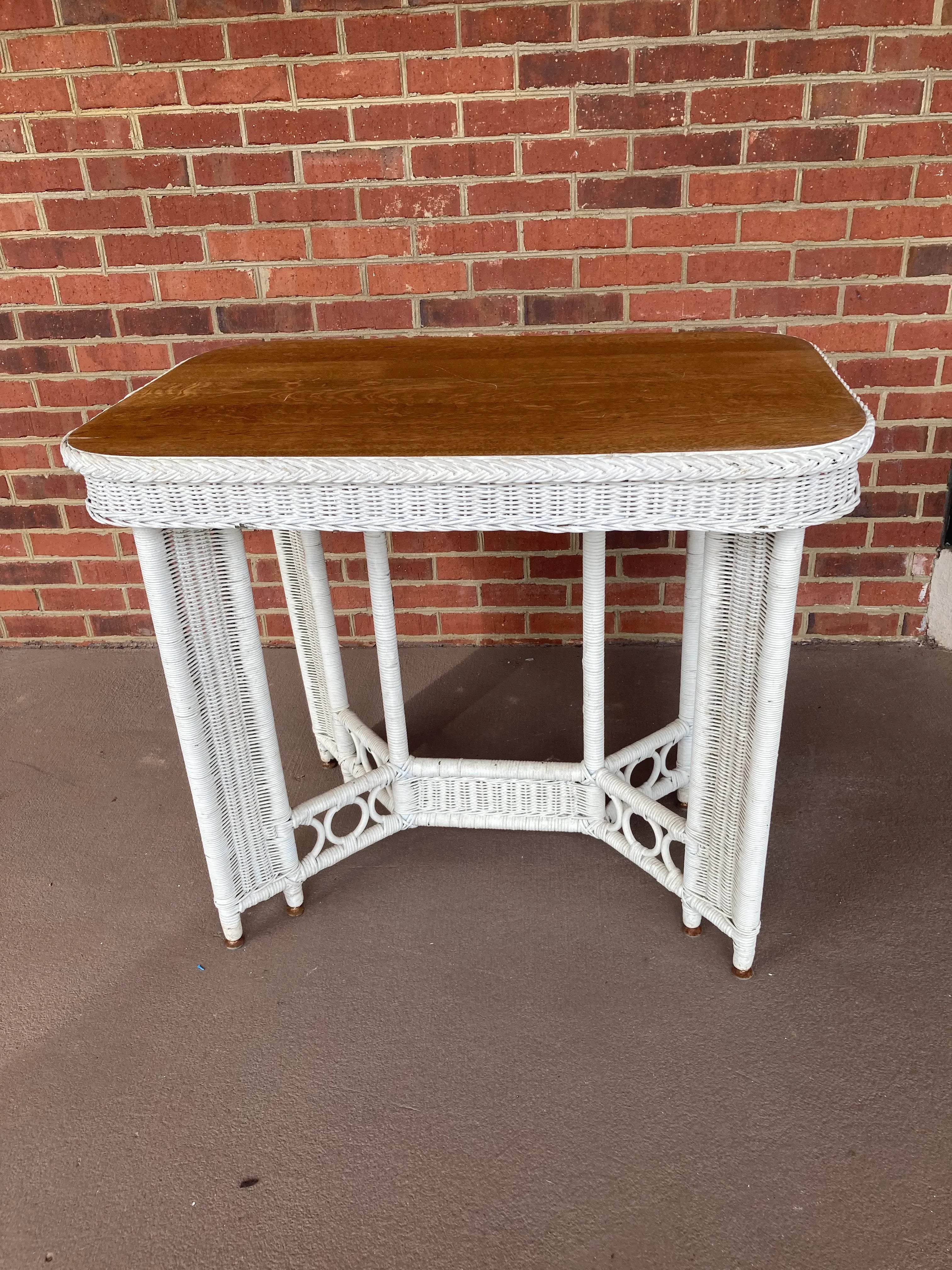 Antique Heywood Wakefield Wicker Library Table With Quartersawn Oak Top