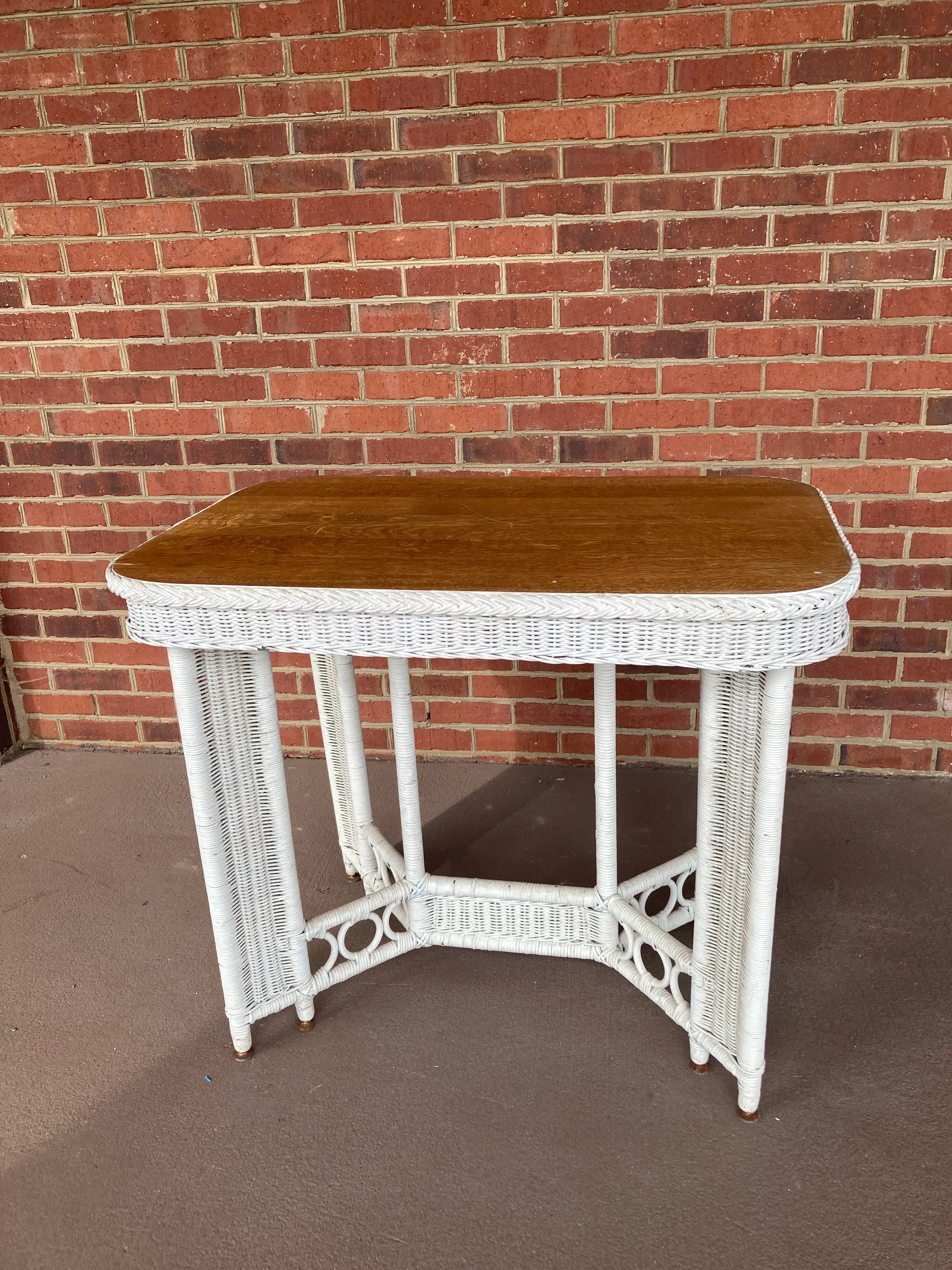 Antique Heywood Wakefield Wicker Library Table With Quartersawn Oak Top