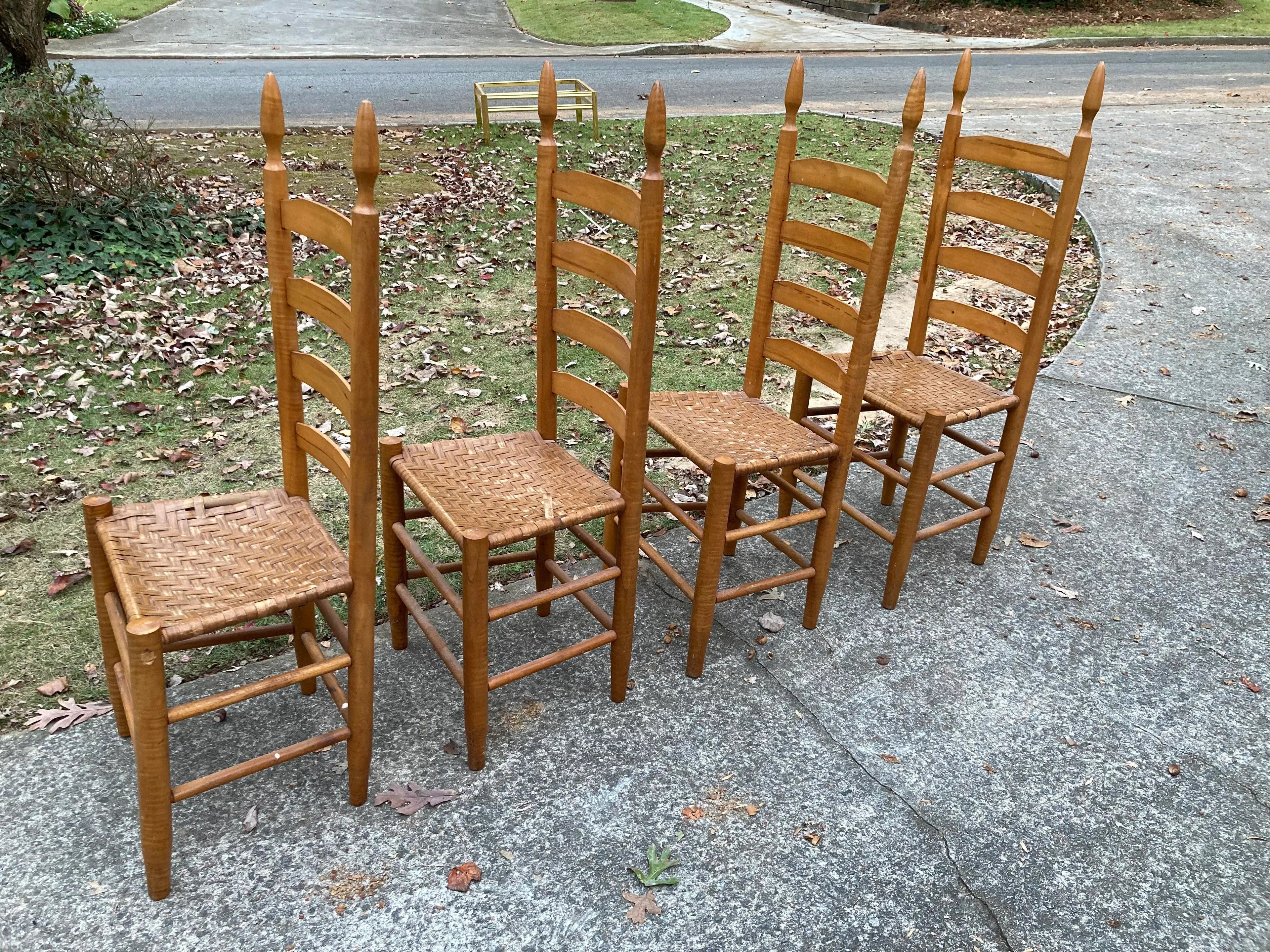 Antique Primitive Shaker Style High Slat Back Side Chairs With Flat Reed Splint Woven Seats - Set of 4