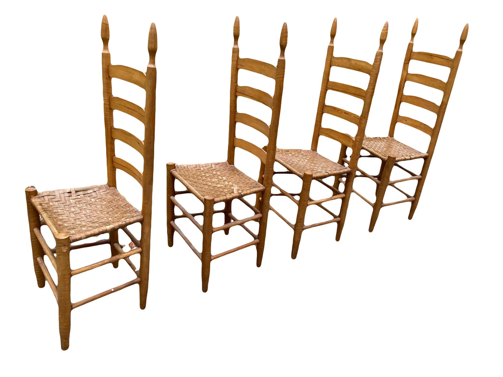 Antique Primitive Shaker Style High Slat Back Side Chairs With Flat Reed Splint Woven Seats - Set of 4