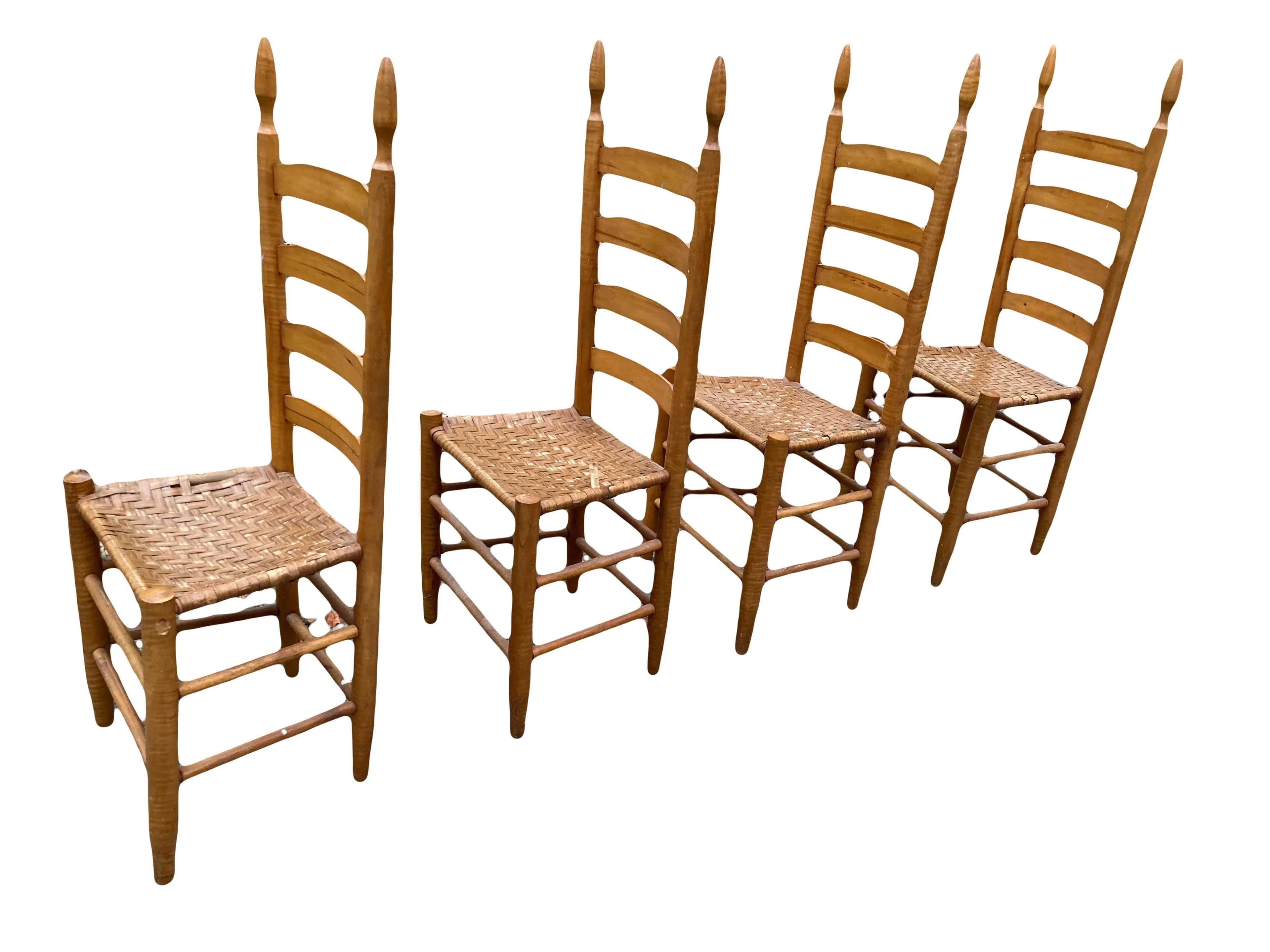 Antique Primitive Shaker Style High Slat Back Side Chairs With Flat Reed Splint Woven Seats - Set of 4