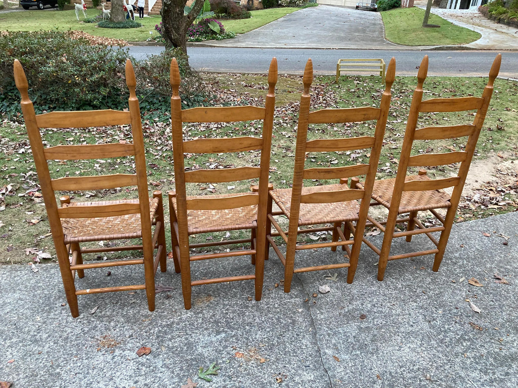 Antique Primitive Shaker Style High Slat Back Side Chairs With Flat Reed Splint Woven Seats - Set of 4