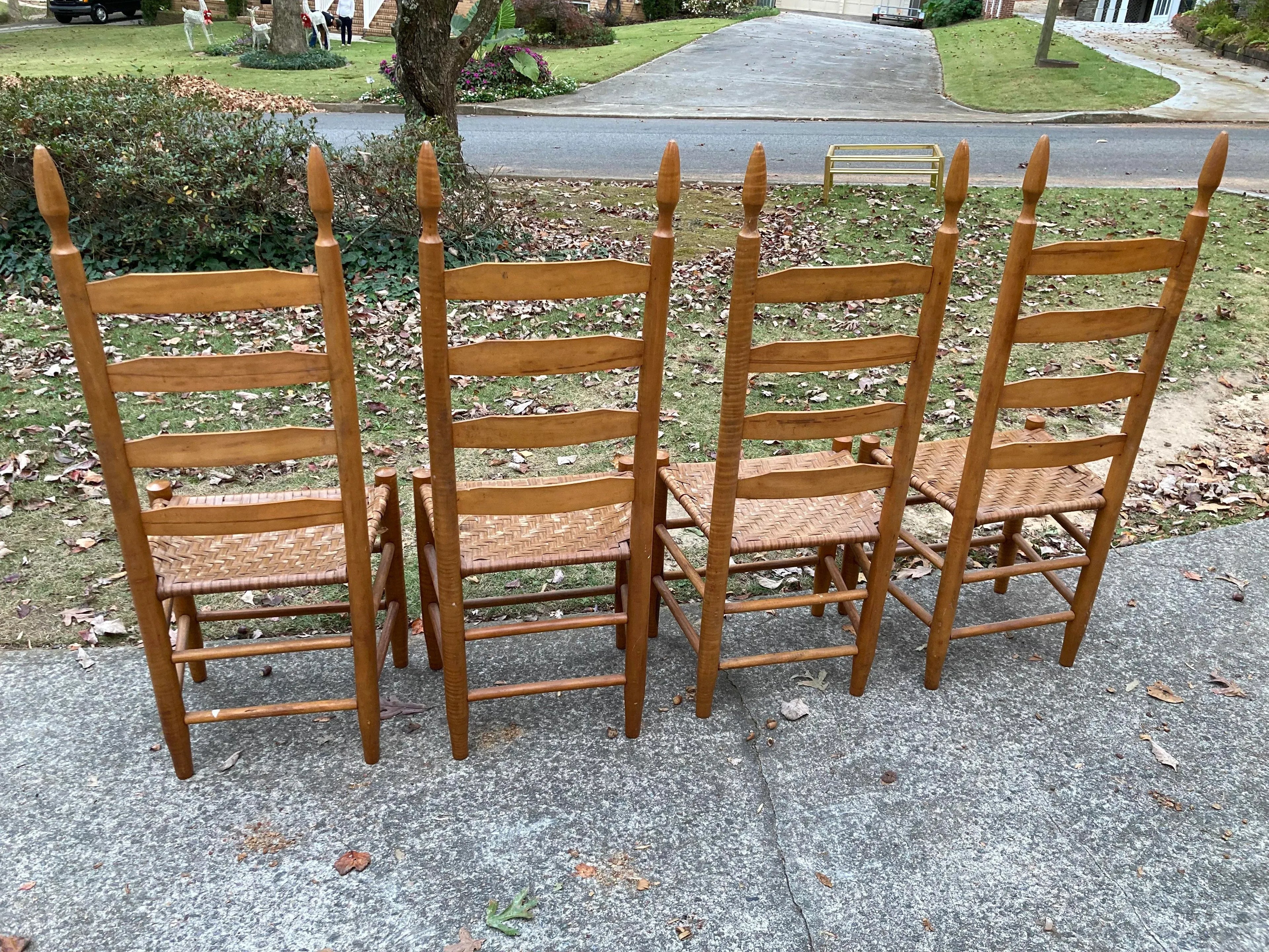 Antique Primitive Shaker Style High Slat Back Side Chairs With Flat Reed Splint Woven Seats - Set of 4