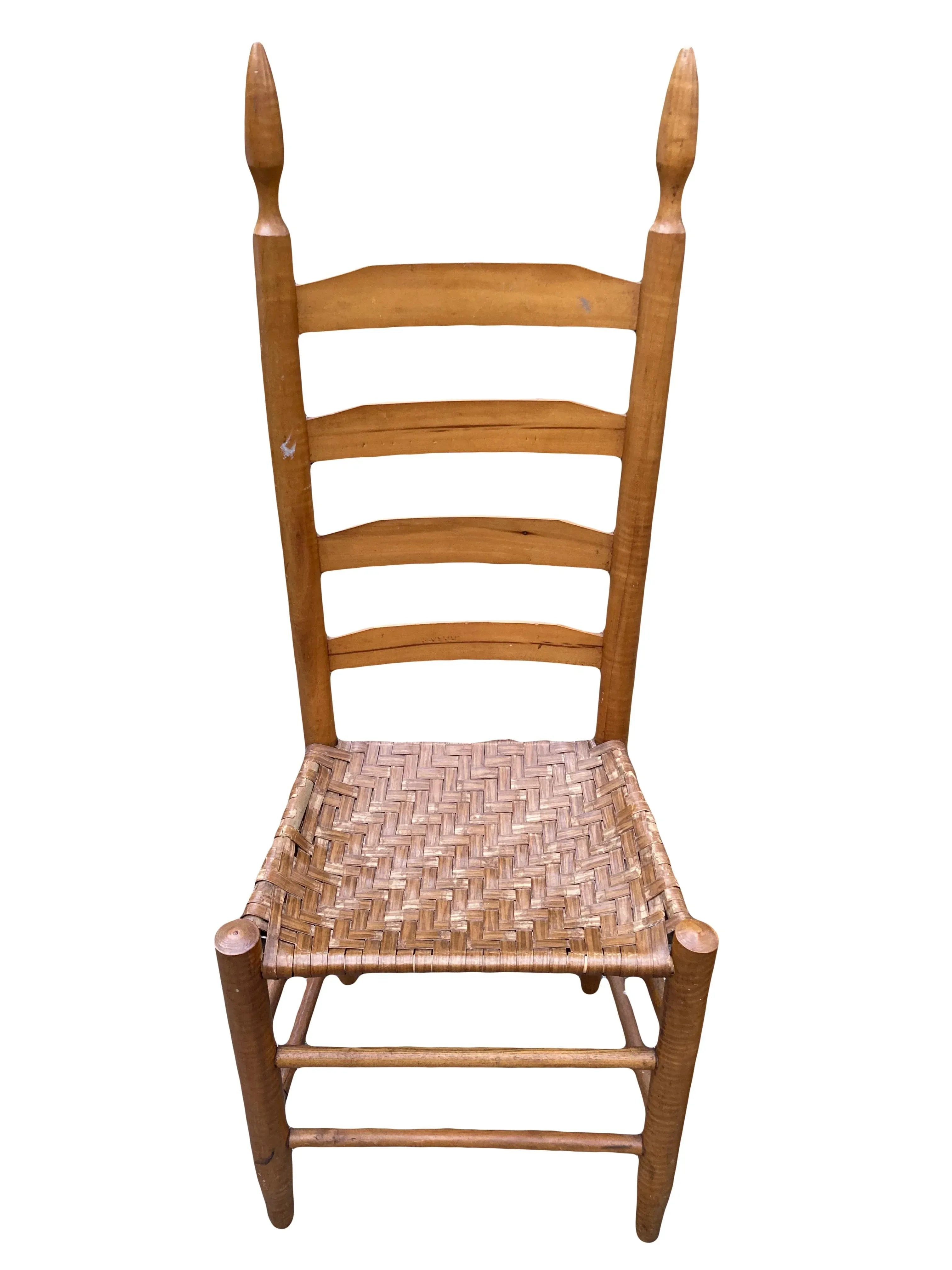 Antique Primitive Shaker Style High Slat Back Side Chairs With Flat Reed Splint Woven Seats - Set of 4
