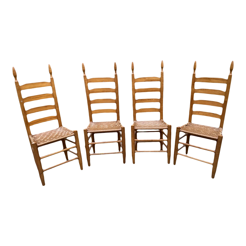 Antique Primitive Shaker Style High Slat Back Side Chairs With Flat Reed Splint Woven Seats - Set of 4