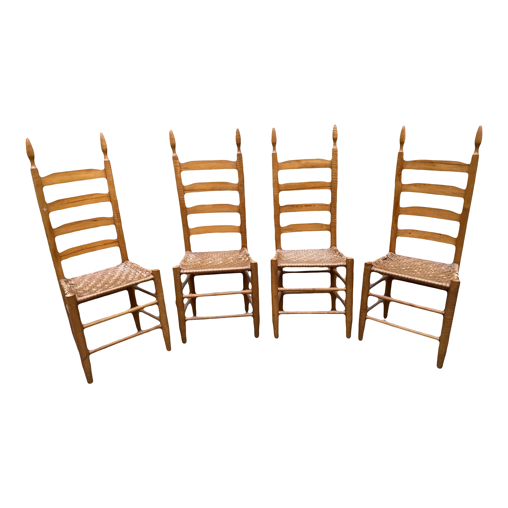 Antique Primitive Shaker Style High Slat Back Side Chairs With Flat Reed Splint Woven Seats - Set of 4