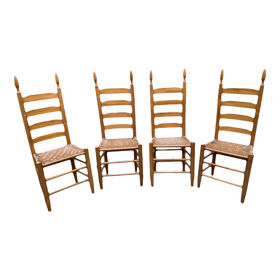 Antique Primitive Shaker Style High Slat Back Side Chairs With Flat Reed Splint Woven Seats - Set of 4