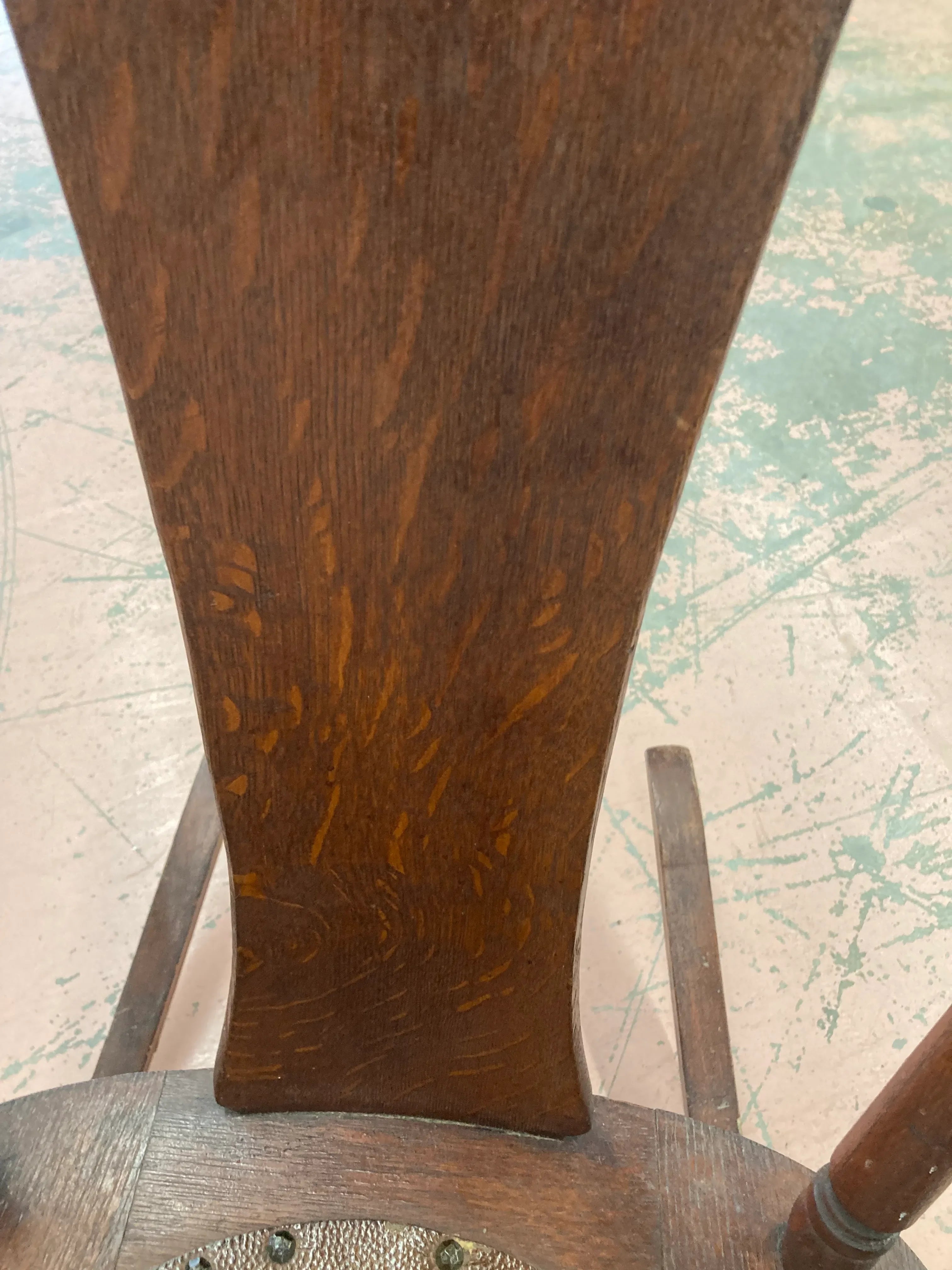 Antique Quartersawn Oak Rocking Chair With Embossed Leather Medallion Seat