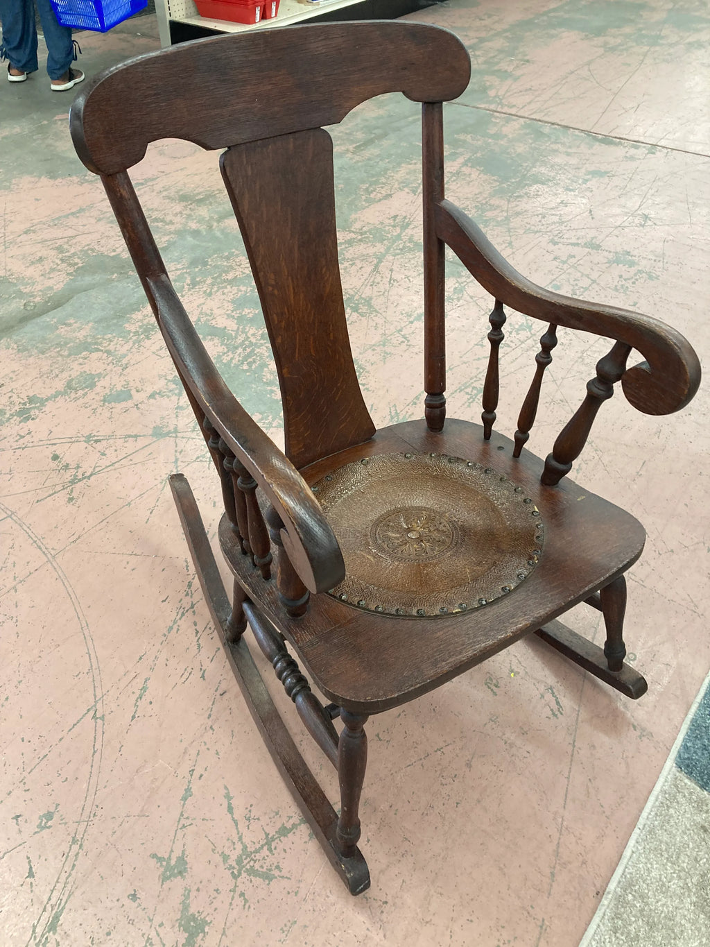Antique Quartersawn Oak Rocking Chair With Embossed Leather Medallion Seat