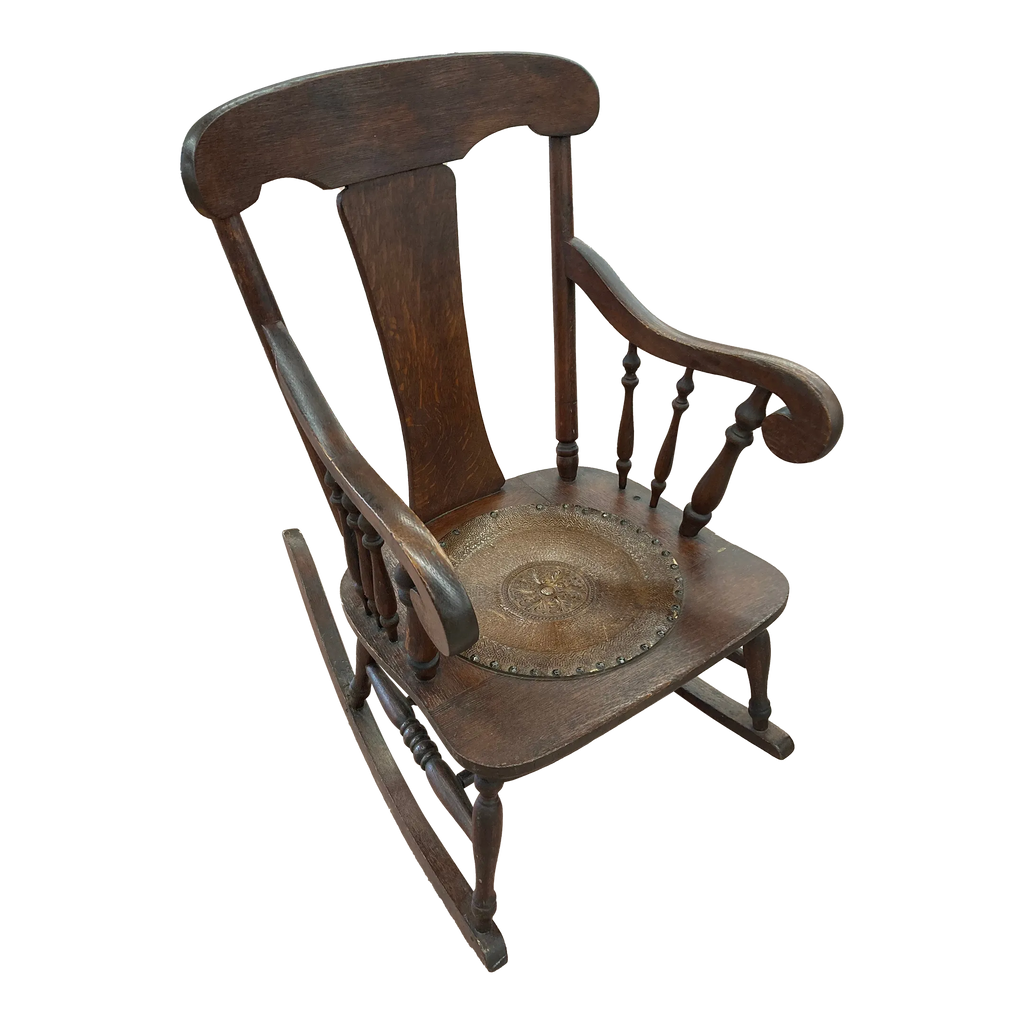 Antique Quartersawn Oak Rocking Chair With Embossed Leather Medallion Seat