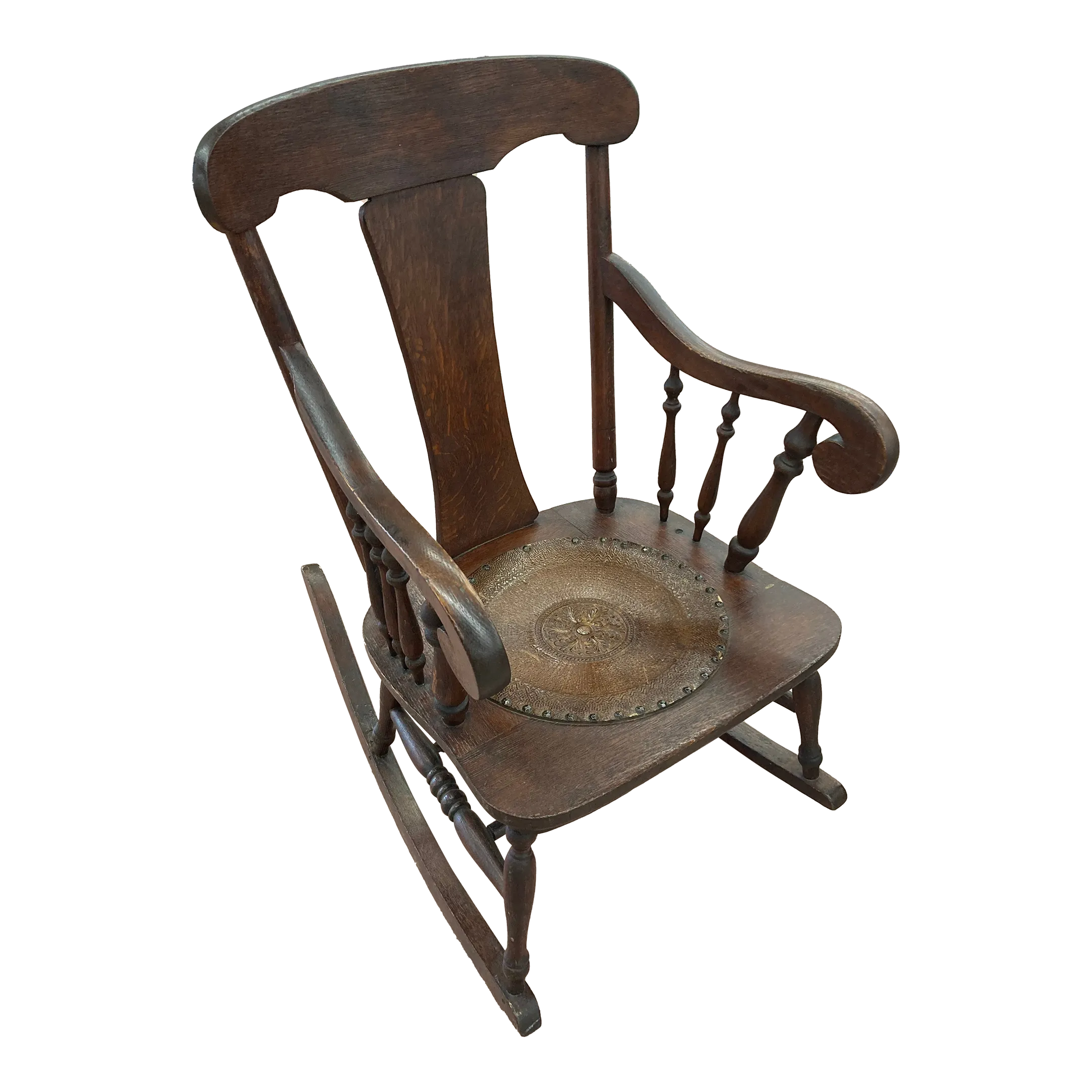 Antique Quartersawn Oak Rocking Chair With Embossed Leather Medallion Seat