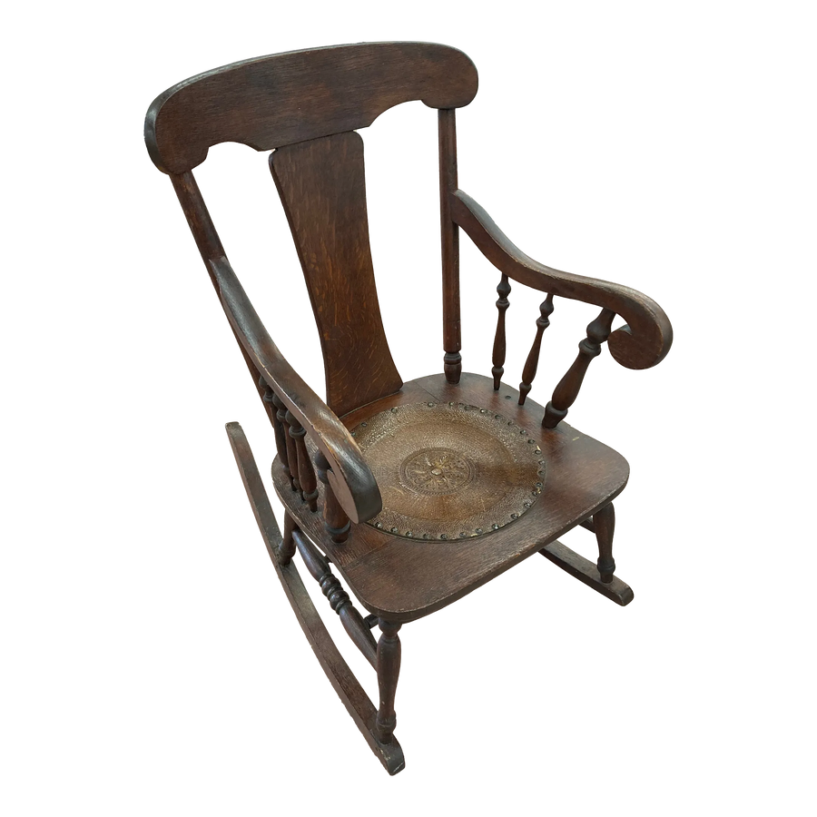 Antique Quartersawn Oak Rocking Chair With Embossed Leather Medallion Seat