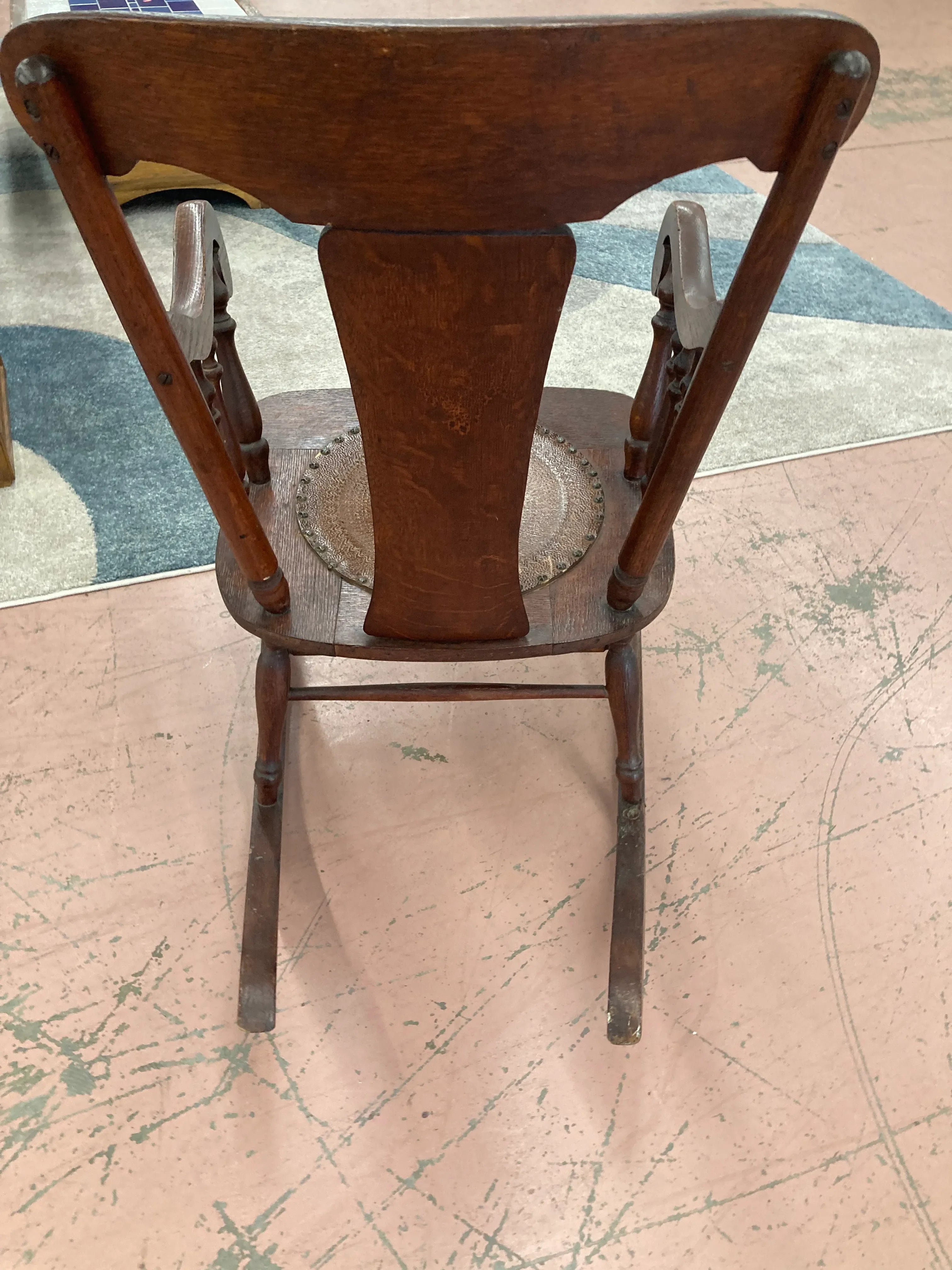 Antique Quartersawn Oak Rocking Chair With Embossed Leather Medallion Seat