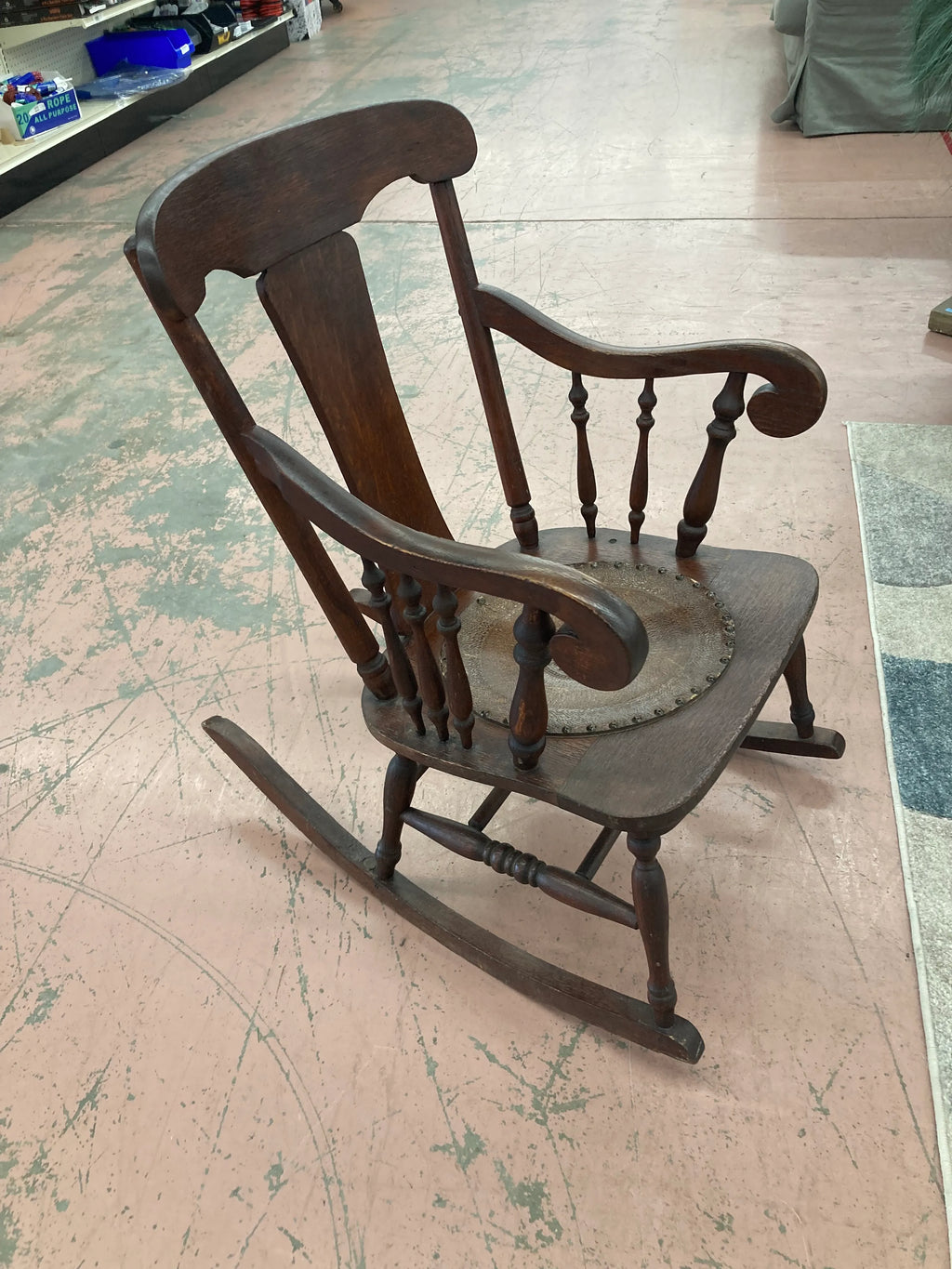 Antique Quartersawn Oak Rocking Chair With Embossed Leather Medallion Seat