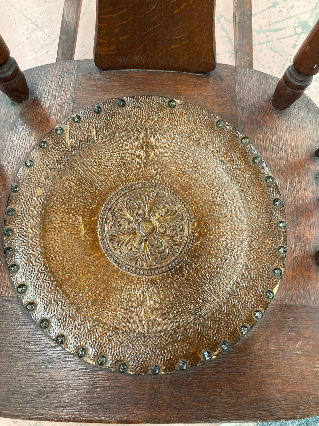 Antique Quartersawn Oak Rocking Chair With Embossed Leather Medallion Seat