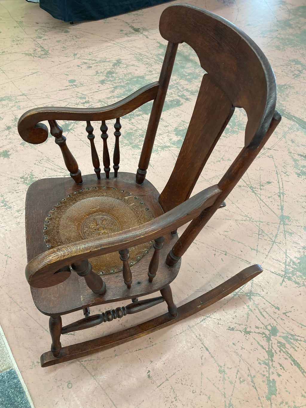 Antique Quartersawn Oak Rocking Chair With Embossed Leather Medallion Seat