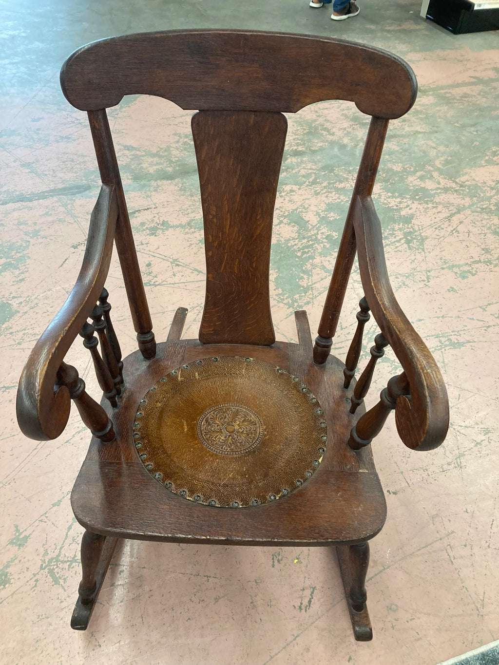 Antique Quartersawn Oak Rocking Chair With Embossed Leather Medallion Seat