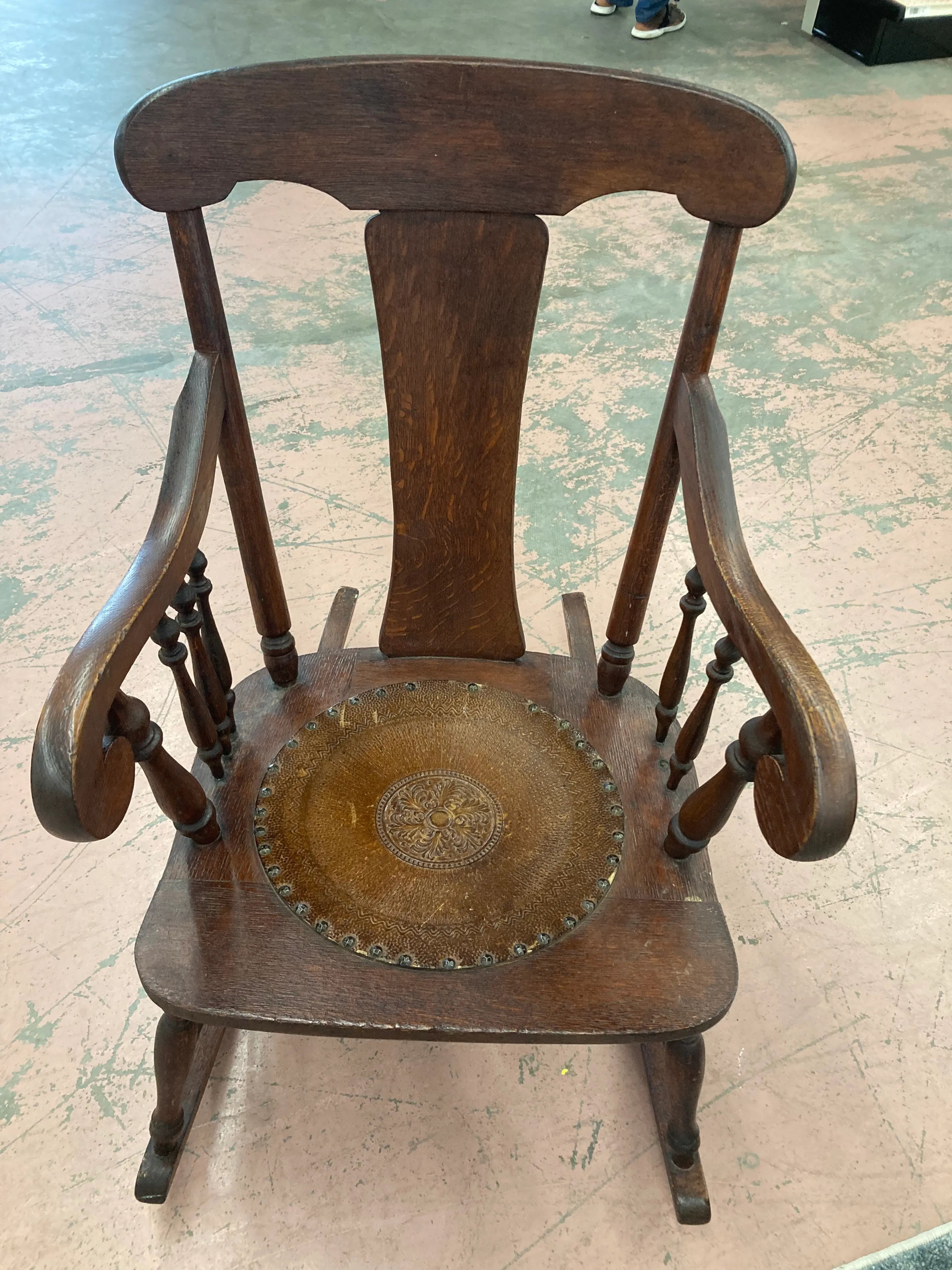 Antique Quartersawn Oak Rocking Chair With Embossed Leather Medallion Seat