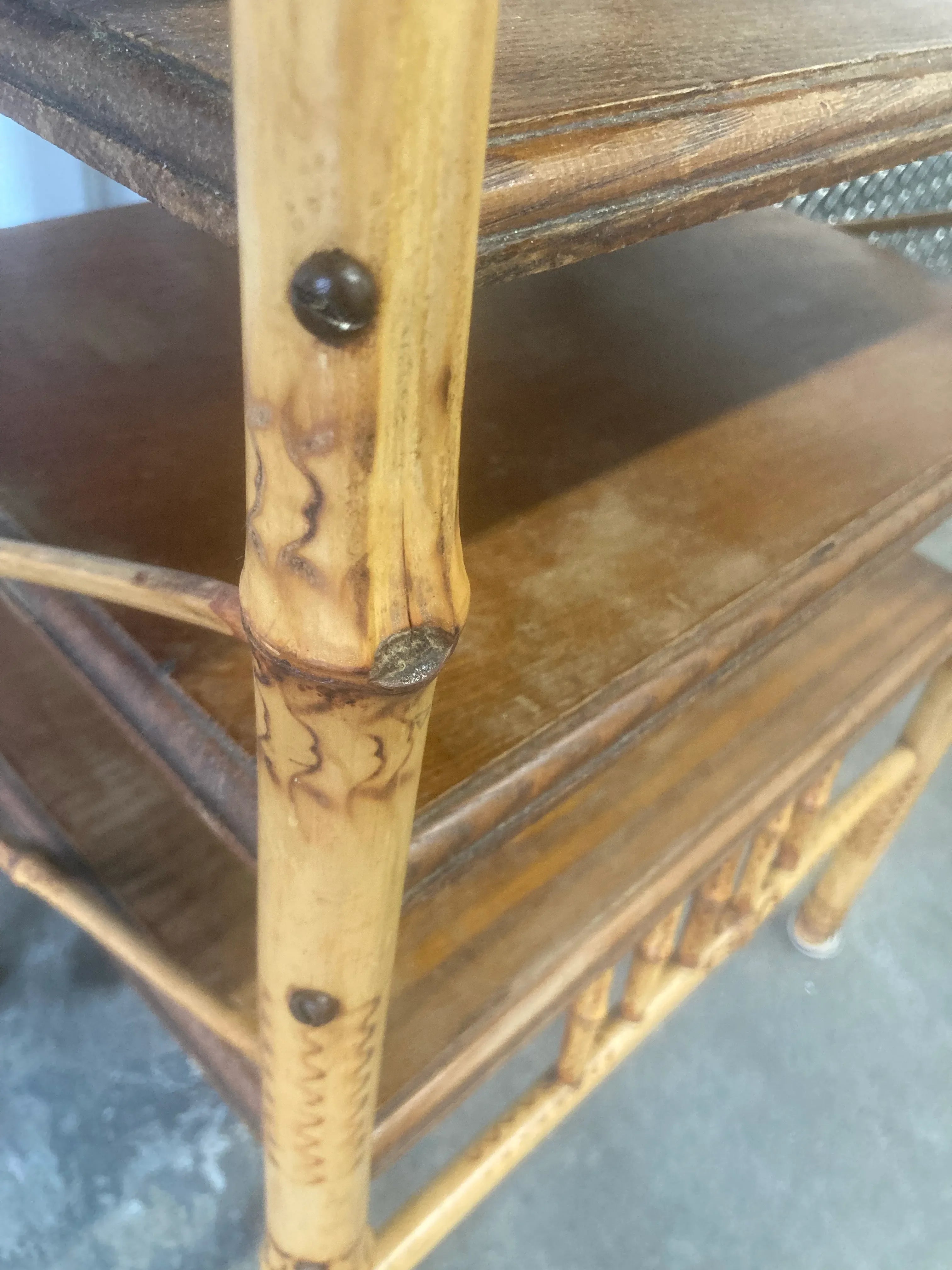 Antique Victorian Stick and Ball Burnt Bamboo Etegere or Magazine Stand