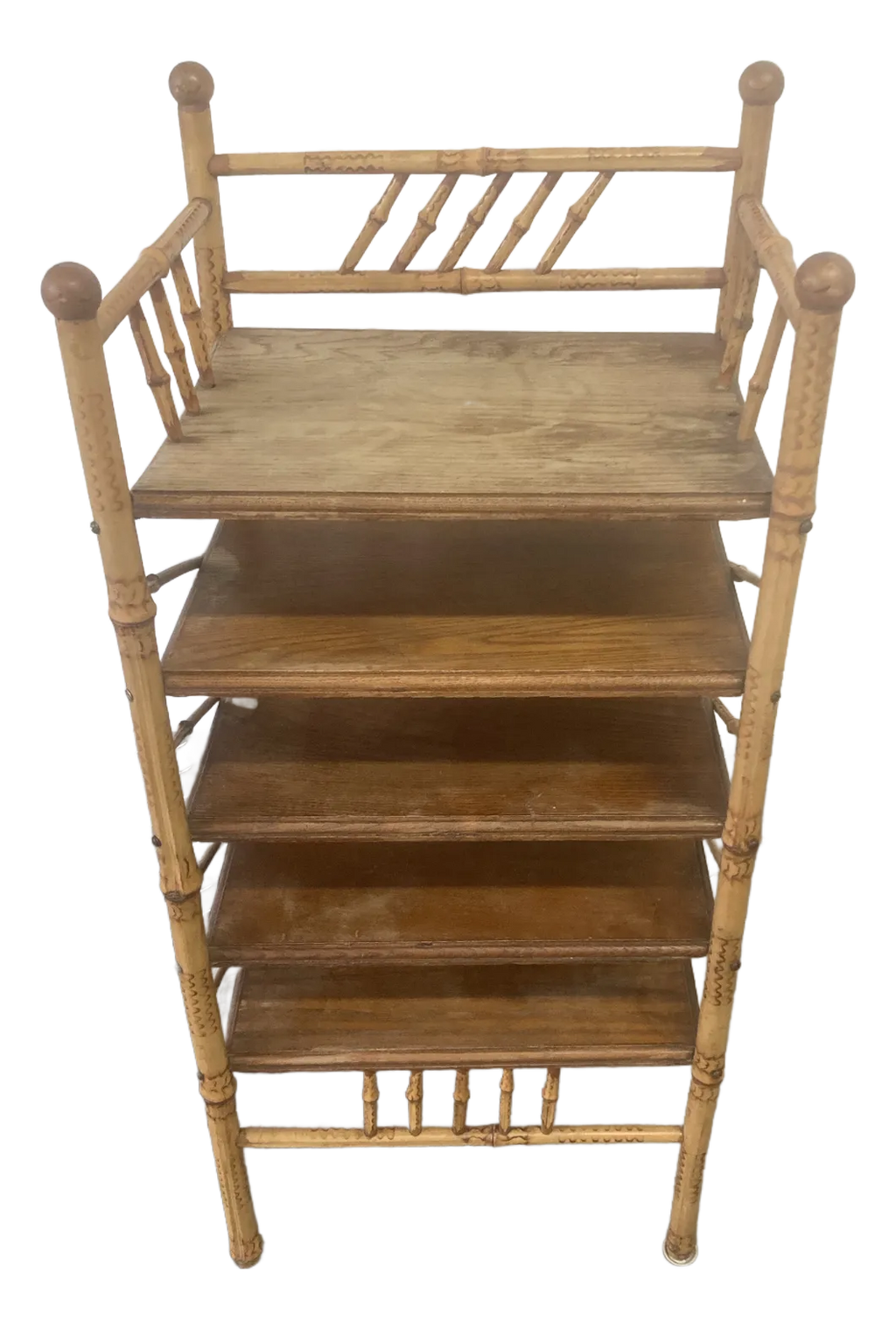 Antique Victorian Stick and Ball Burnt Bamboo Etegere or Magazine Stand