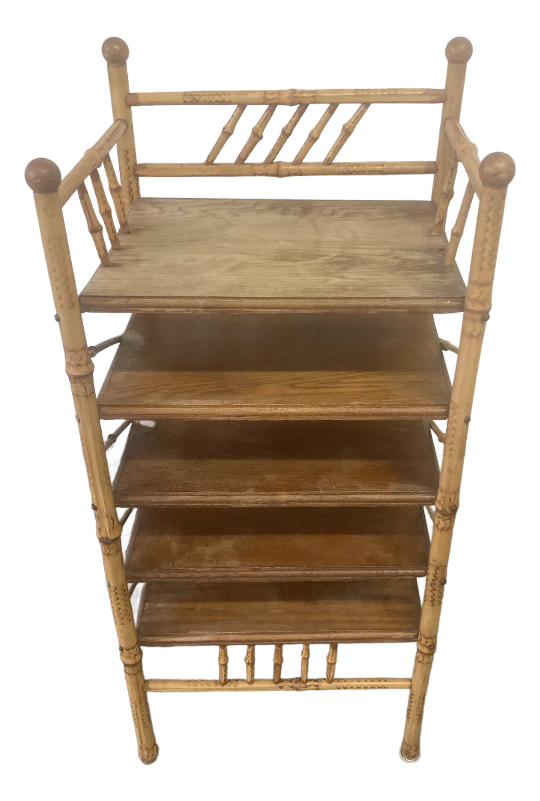 Antique Victorian Stick and Ball Burnt Bamboo Etegere or Magazine Stand