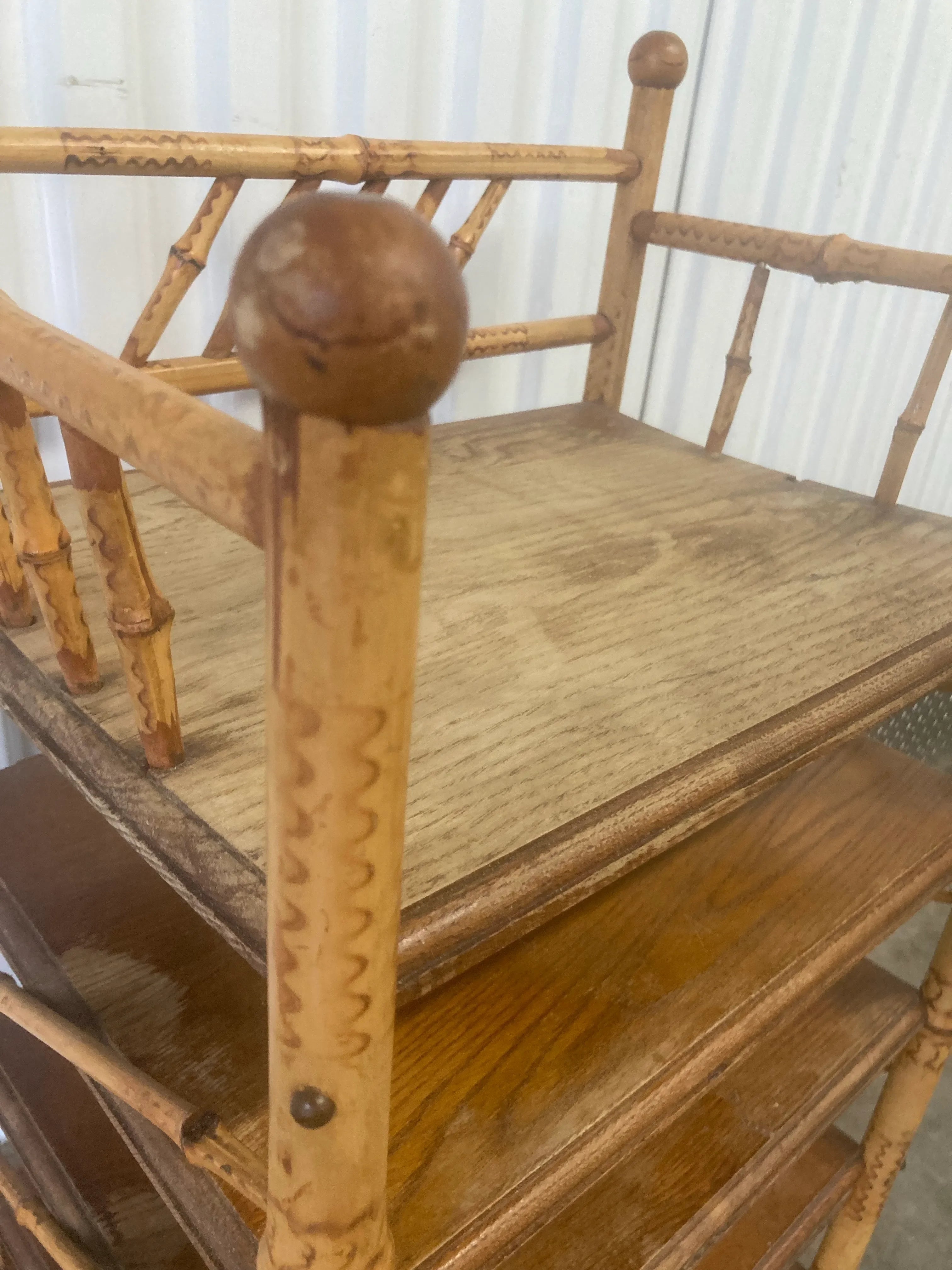 Antique Victorian Stick and Ball Burnt Bamboo Etegere or Magazine Stand