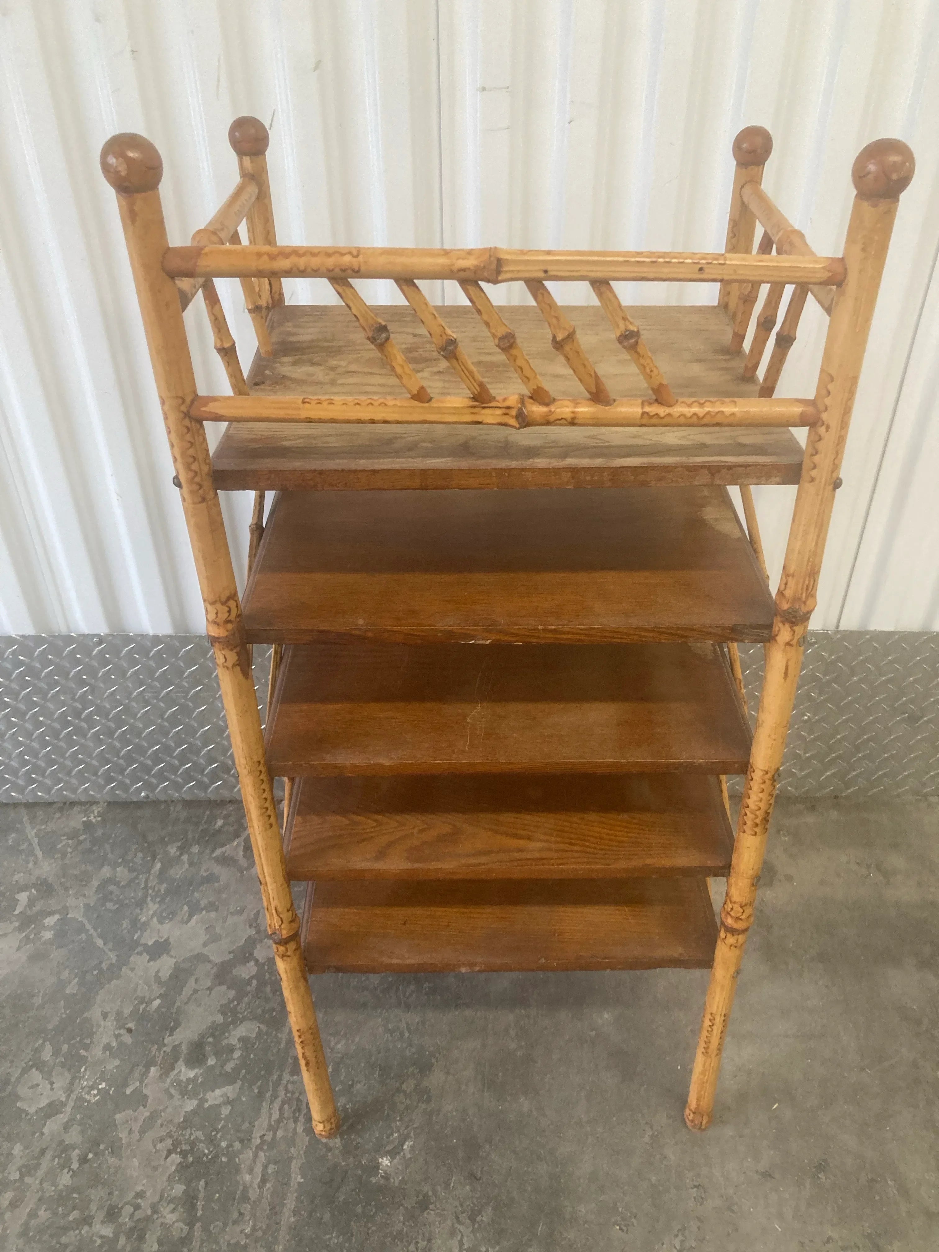 Antique Victorian Stick and Ball Burnt Bamboo Etegere or Magazine Stand