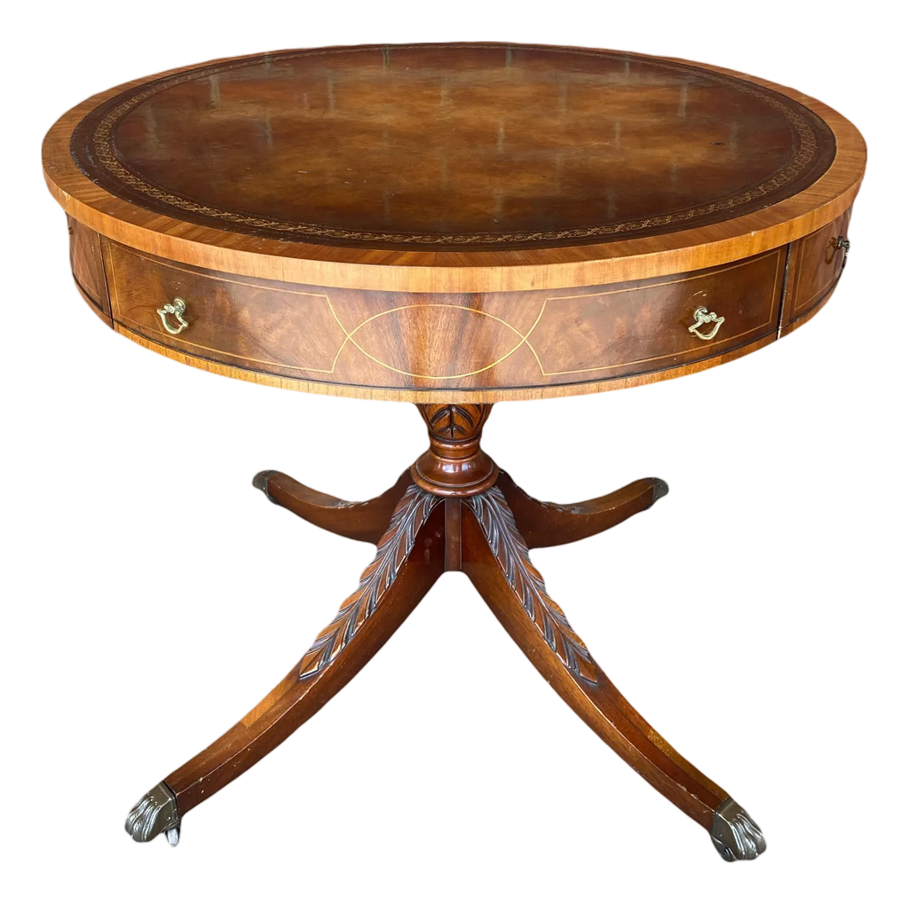 Antique Weiman Heritage Mahogany Round Occasional or Game Table With Leather Inset Top and Pineapple Carved Base