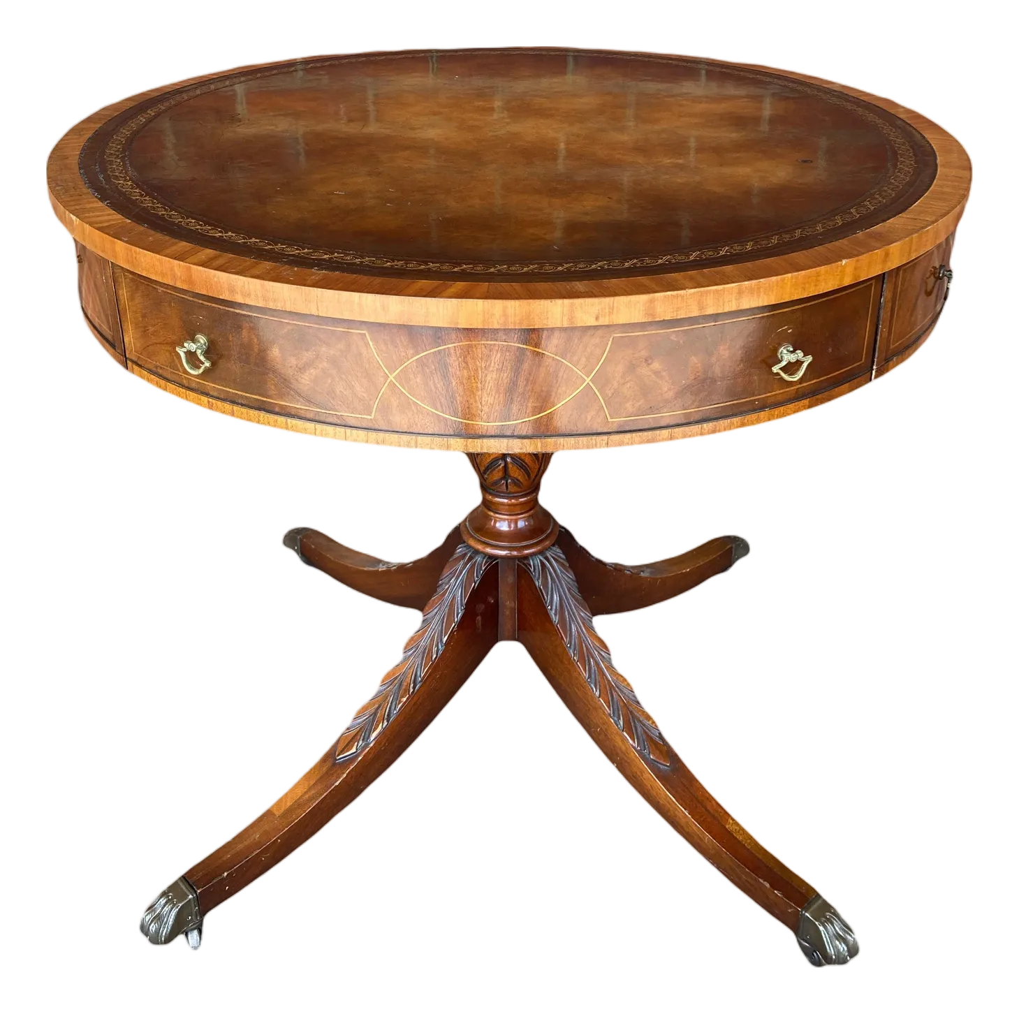 Antique Weiman Heritage Mahogany Round Occasional or Game Table With Leather Inset Top and Pineapple Carved Base