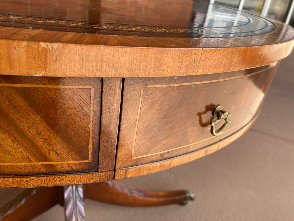 Antique Weiman Heritage Mahogany Round Occasional or Game Table With Leather Inset Top and Pineapple Carved Base