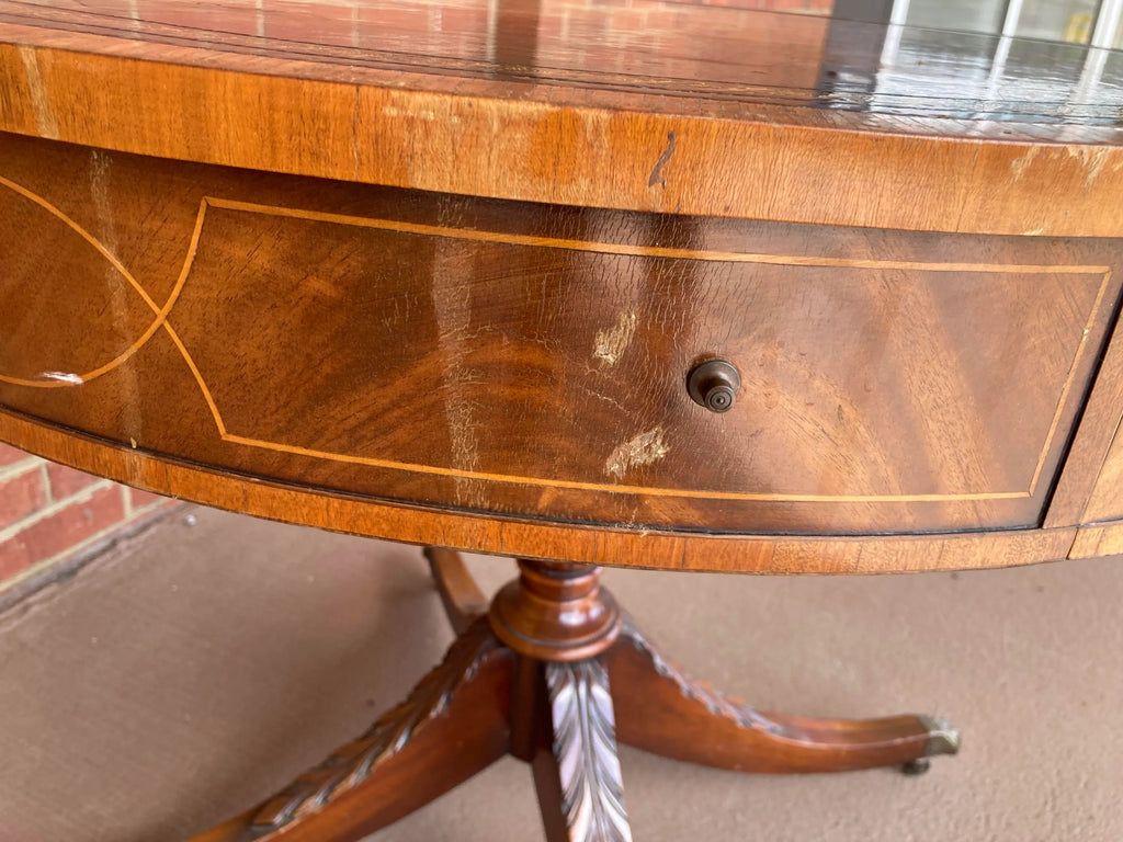 Antique Weiman Heritage Mahogany Round Occasional or Game Table With Leather Inset Top and Pineapple Carved Base