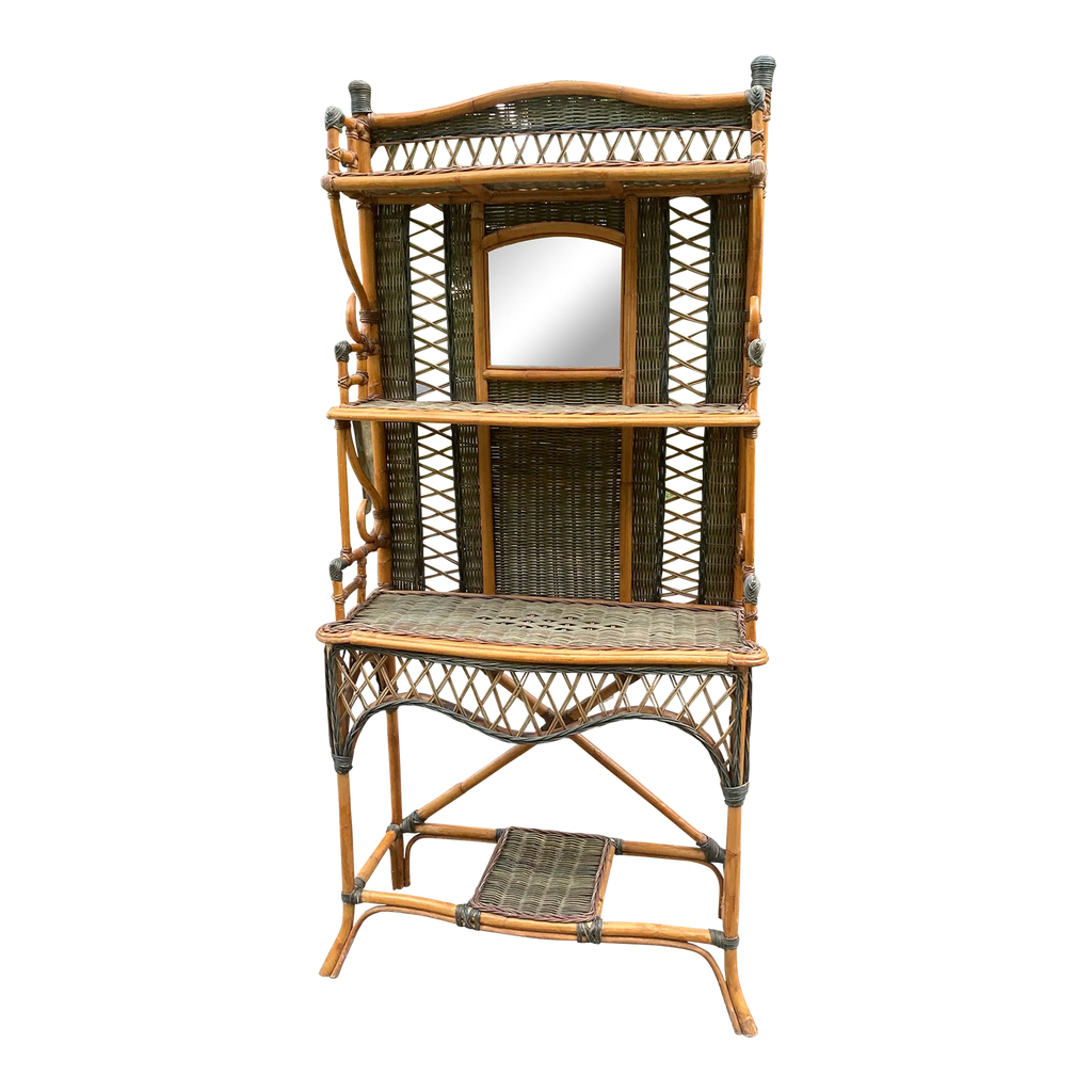 Early 20th Century Aesthetic Movement Coastal Bamboo and Wicker Etagere With Mirror