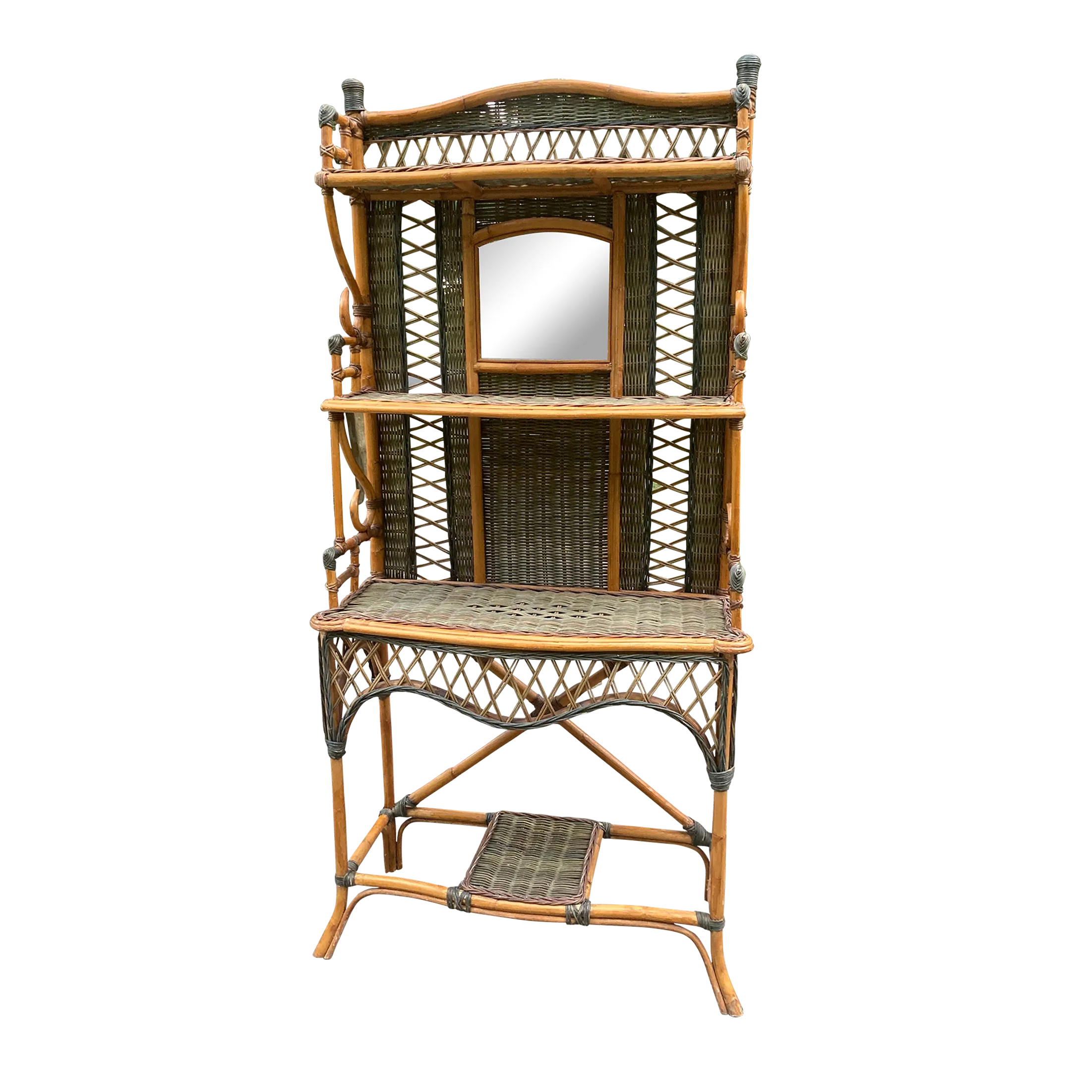 Early 20th Century Aesthetic Movement Coastal Bamboo and Wicker Etagere With Mirror
