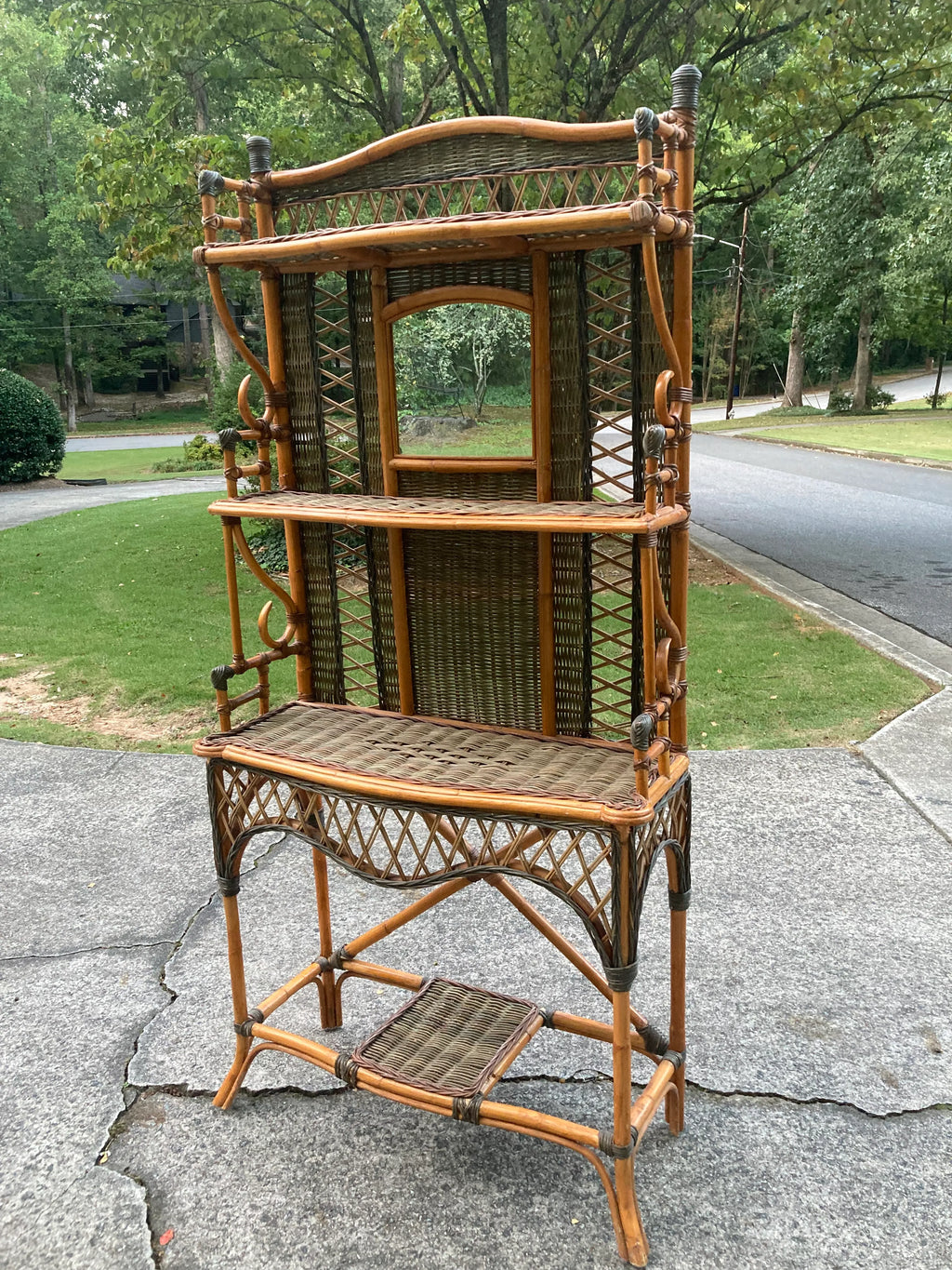 Early 20th Century Aesthetic Movement Coastal Bamboo and Wicker Etagere With Mirror
