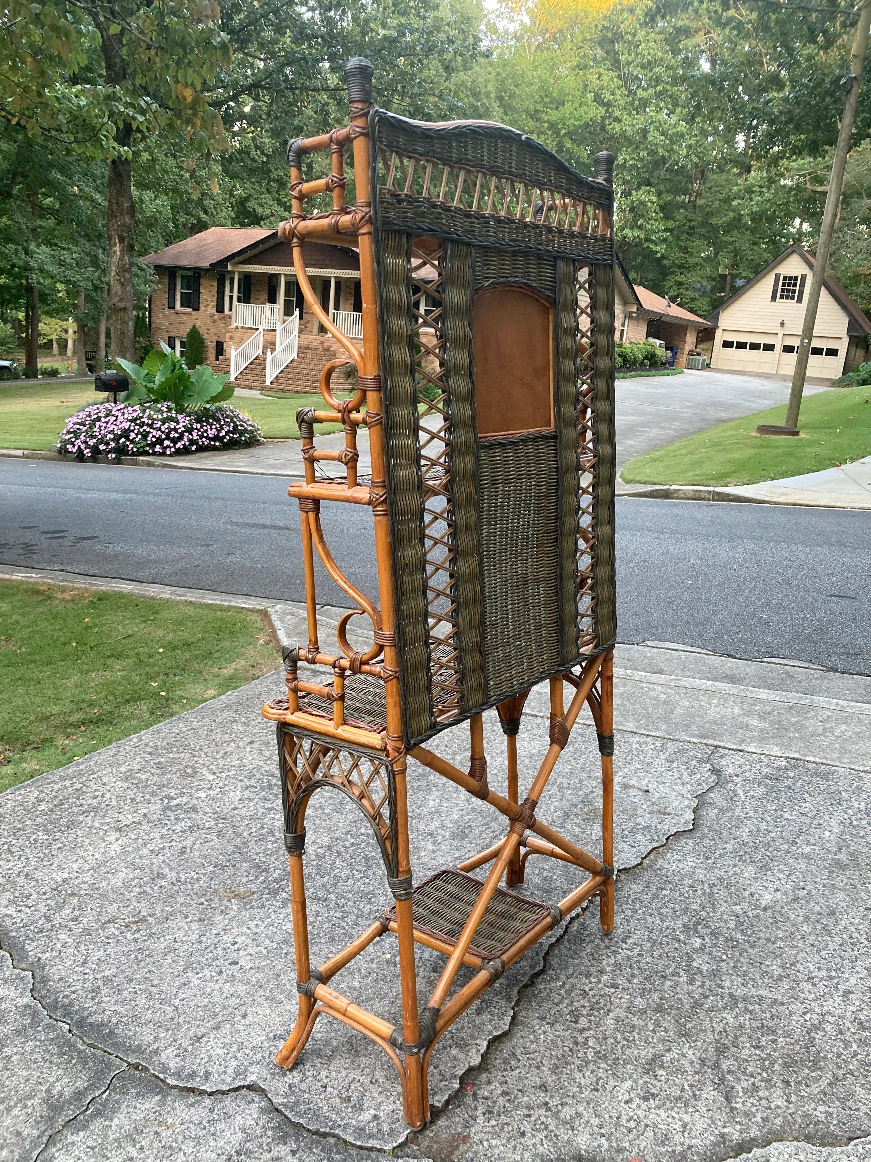 Early 20th Century Aesthetic Movement Coastal Bamboo and Wicker Etagere With Mirror